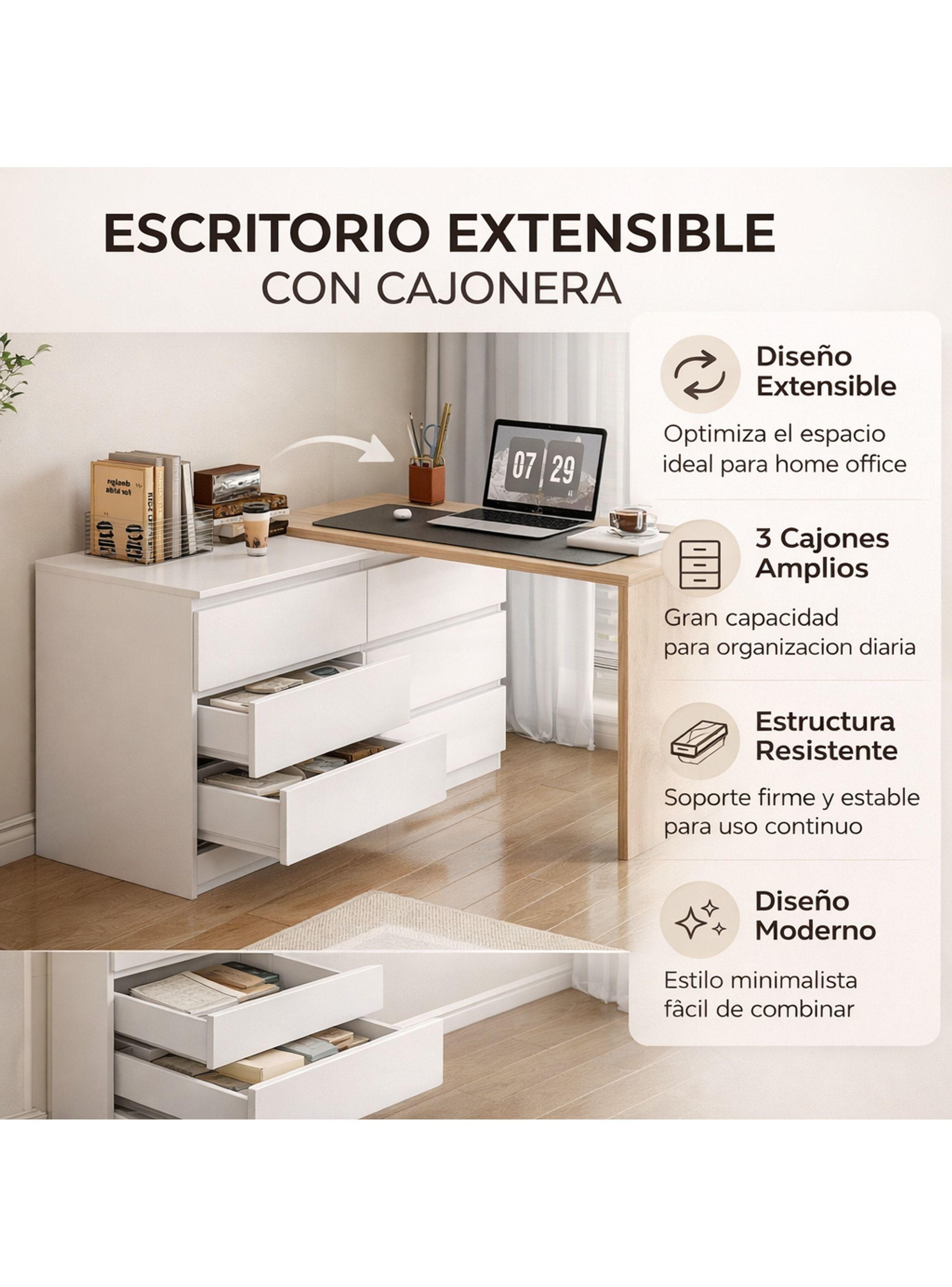 Escritorio Convertible En L+comoda 120x40x70+120x40x68cm Blanco Con Marron-6