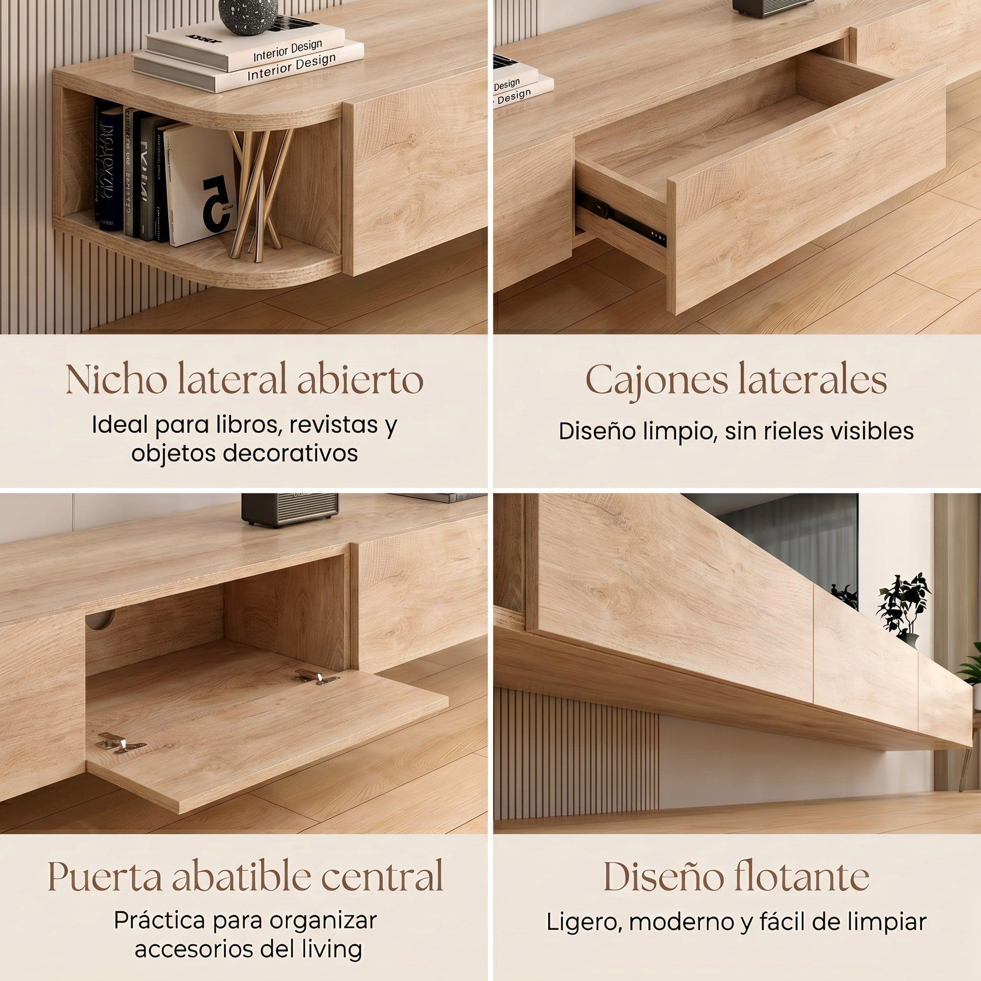 Rack Tv Flotante 160cm De Ancho 3 Puertas Hecho Por Melamina Color Marrón-3