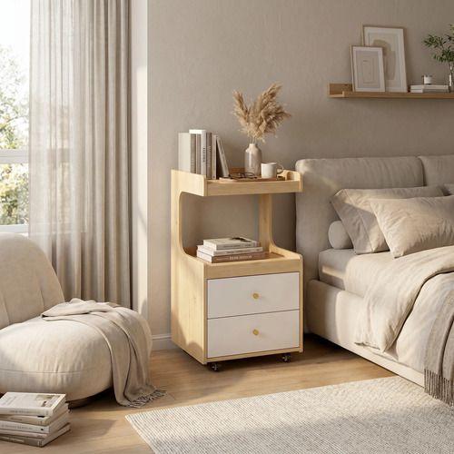 Velador Con Cajones Y Repisa Bicolor Con Rueda 80x40x43cm Mate Madera-6