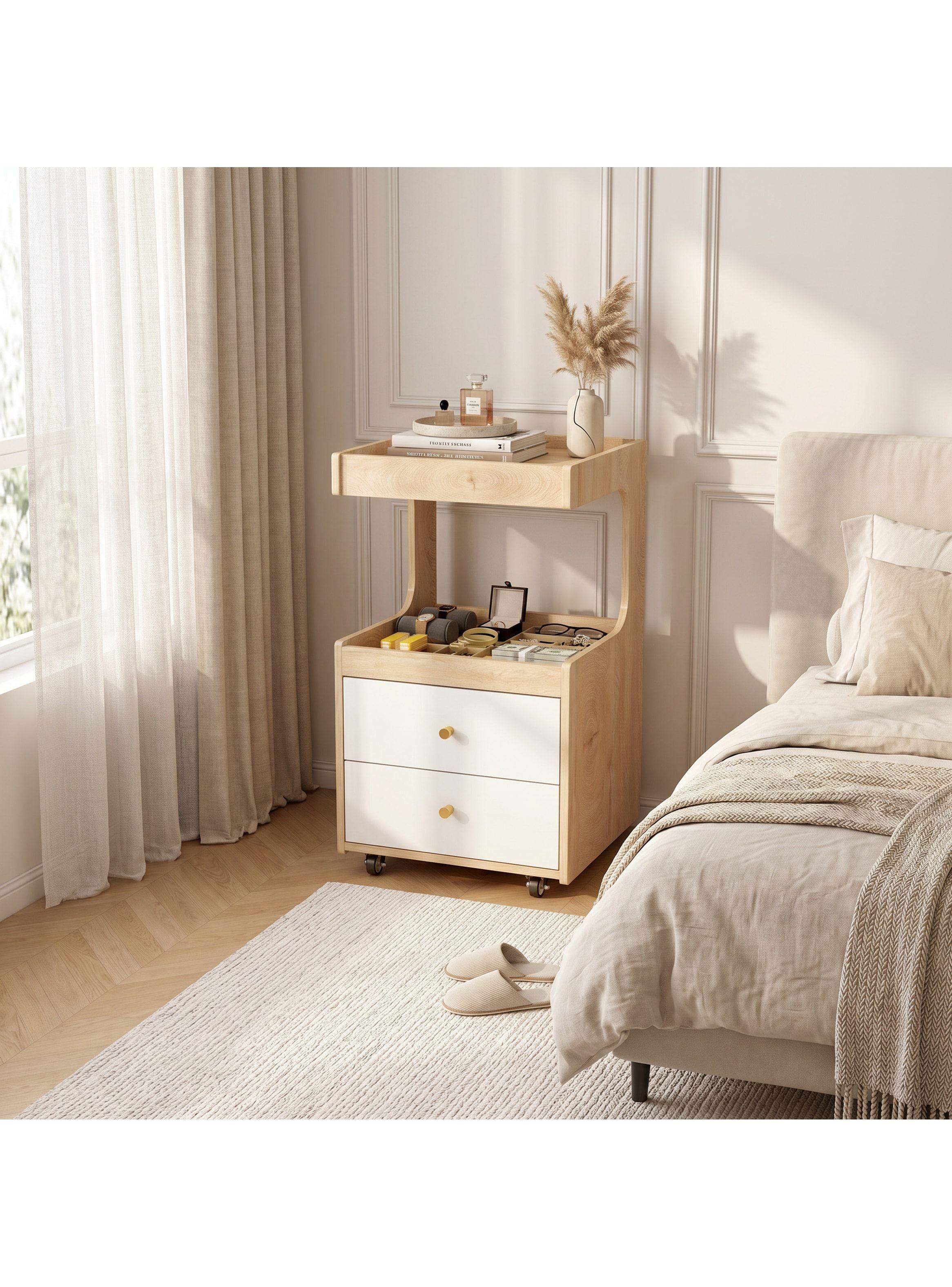 Velador Con Cajones Y Repisa Bicolor Con Rueda 80x40x43cm Mate Madera-4