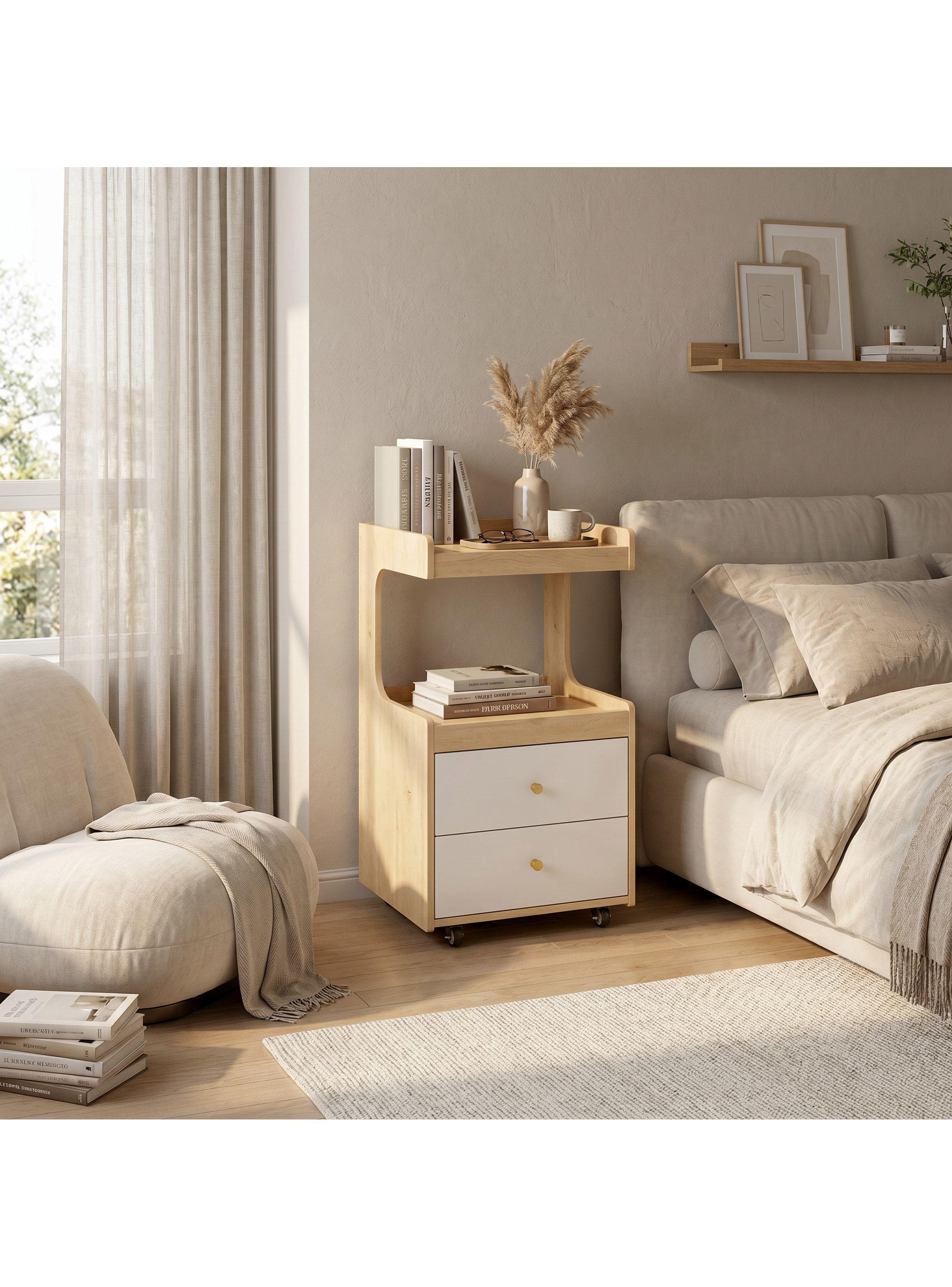 Velador Con Cajones Y Repisa Bicolor Con Rueda 80x40x43cm Mate Madera-6
