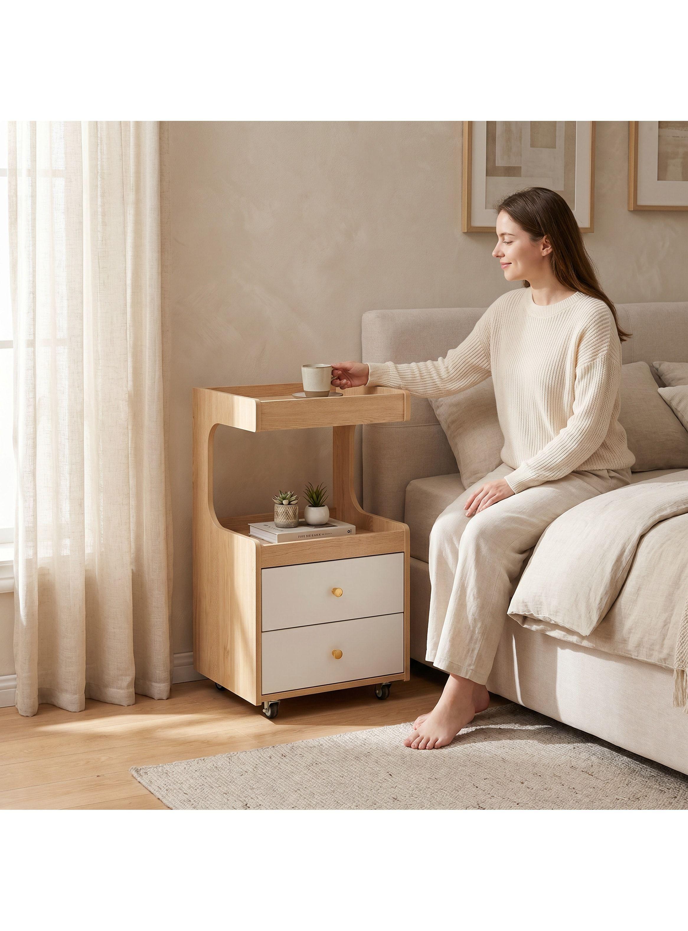 Velador Con Cajones Y Repisa Bicolor Con Rueda 80x40x43cm Mate Madera-7