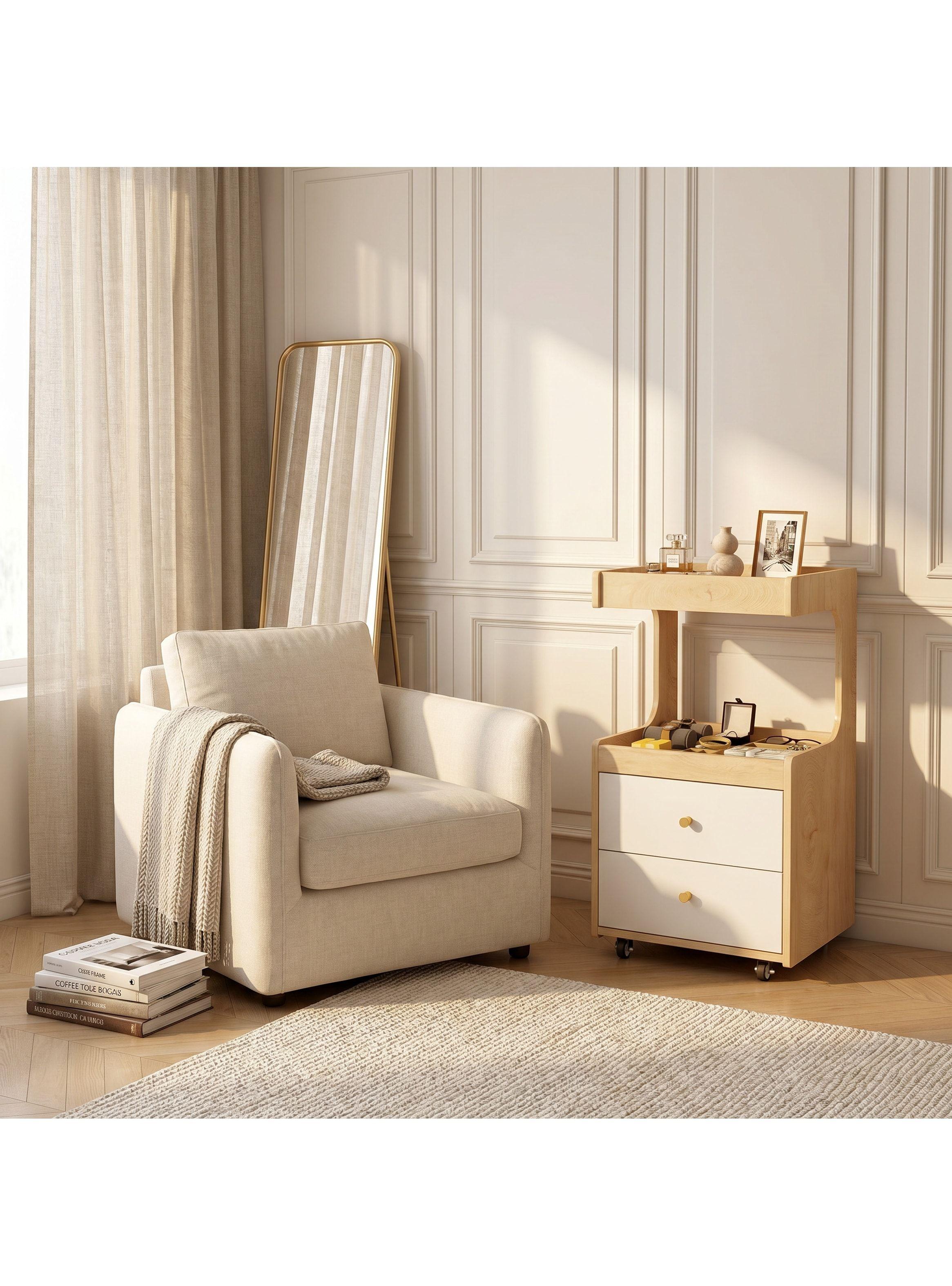 Velador Con Cajones Y Repisa Bicolor Con Rueda 80x40x43cm Mate Madera-8