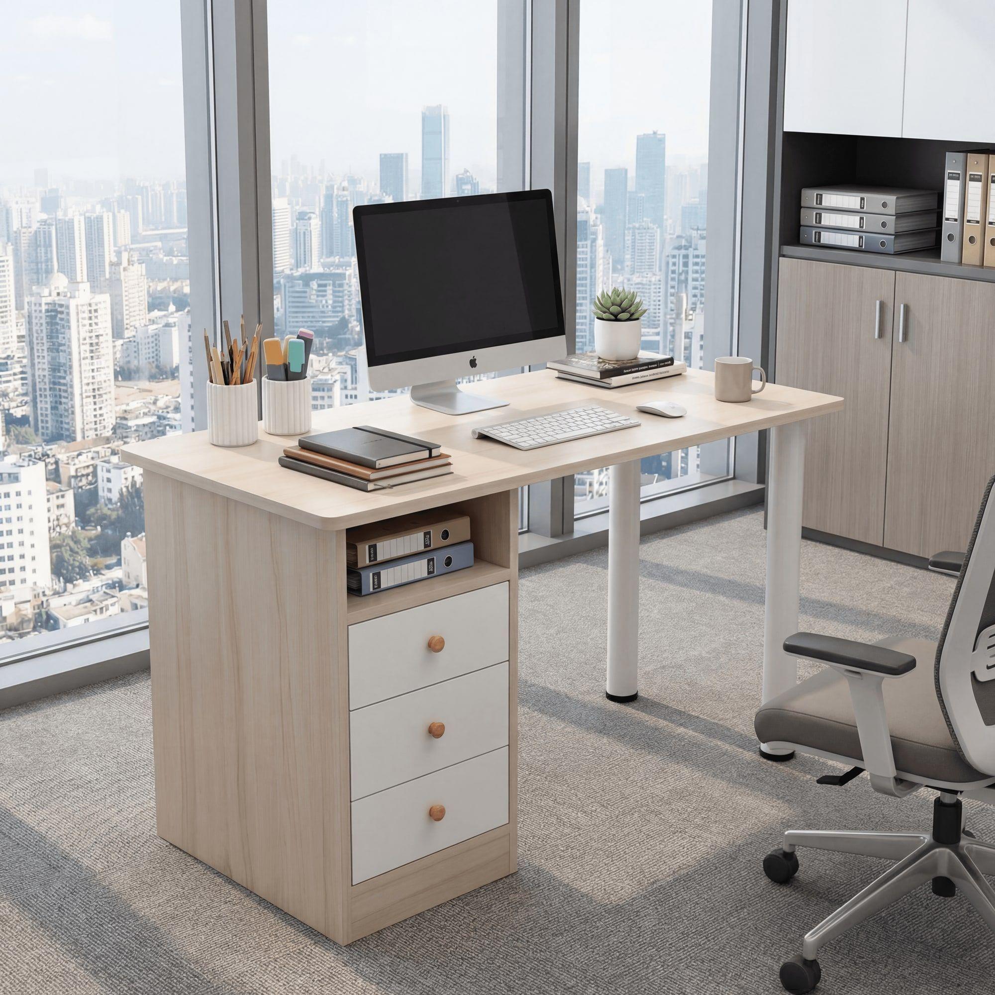 Homer Design Escritorio Oficina Madera Con Cajones Reforzado Pie Redondo-2