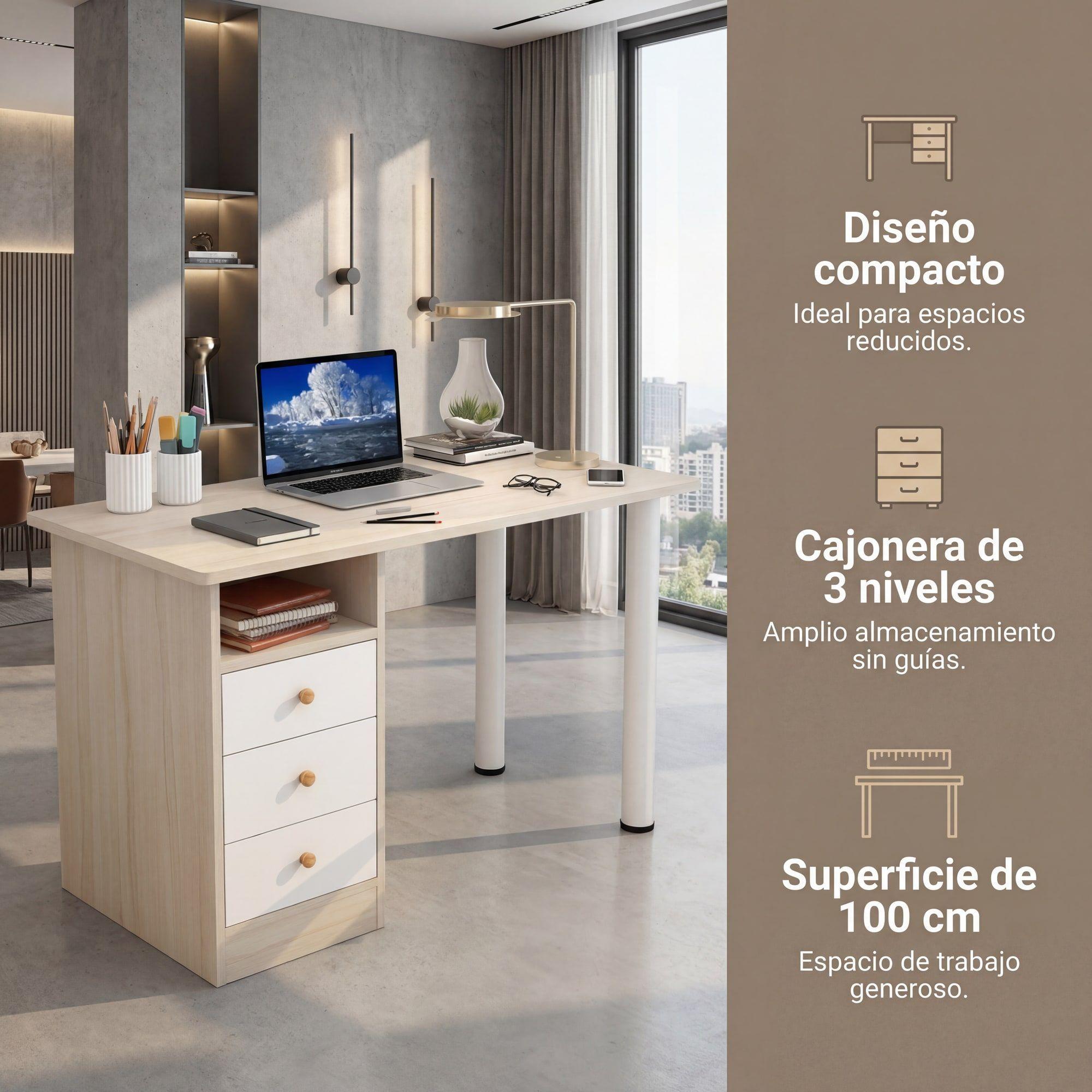 Homer Design Escritorio Oficina Madera Con Cajones Reforzado Pie Redondo-4