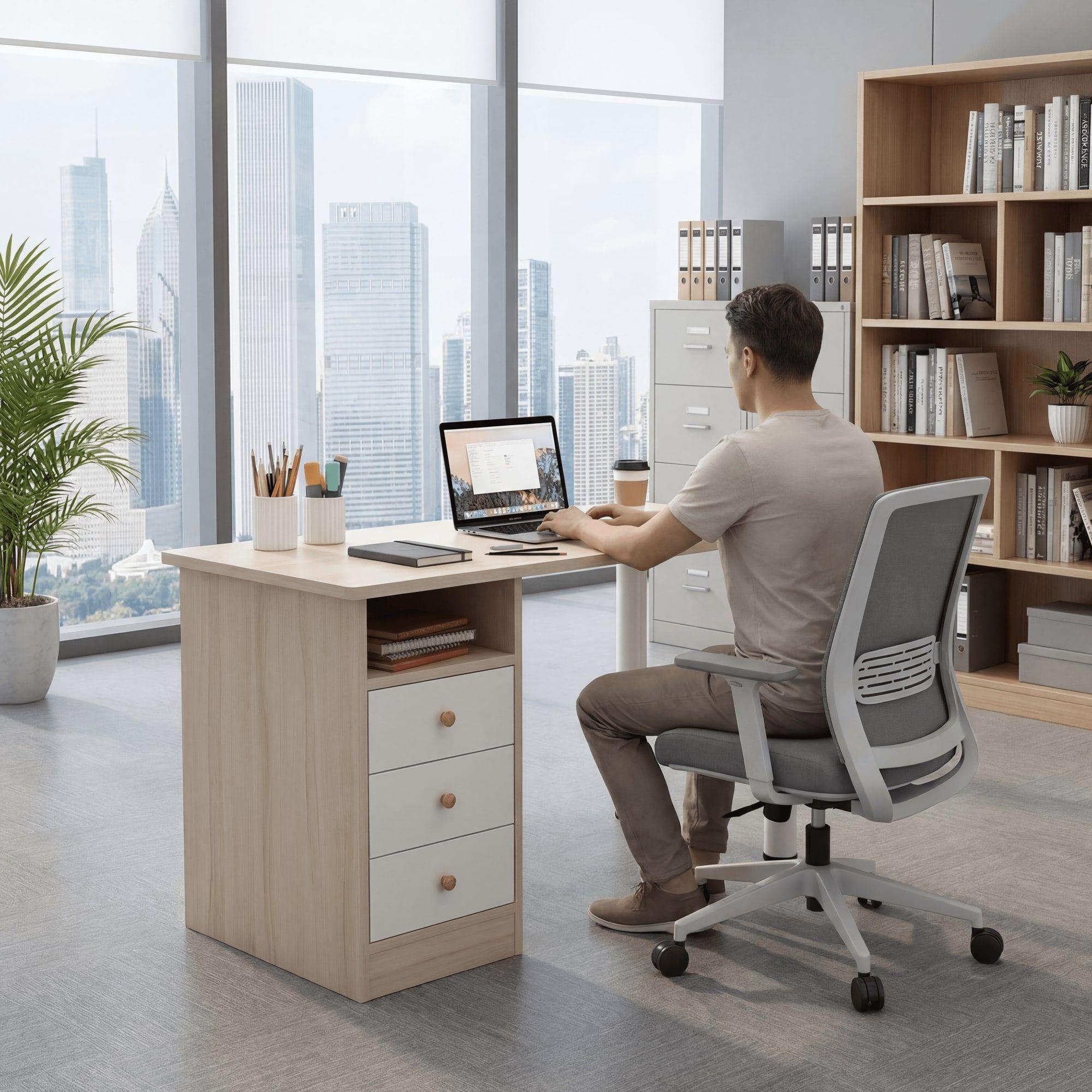 Homer Design Escritorio Oficina Madera Con Cajones Reforzado Pie Redondo-7