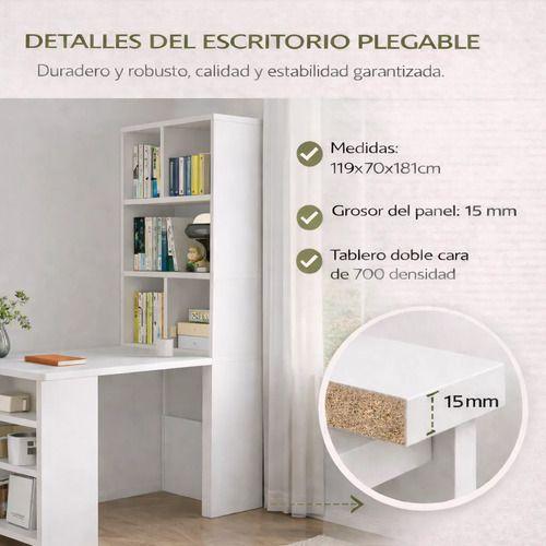 Escritorio Plegable Moderno Con Estantería Lateral Con Rueda Blanco-3