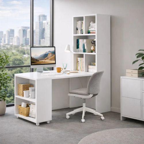 Escritorio Plegable Moderno Con Estantería Lateral Con Rueda Blanco-6