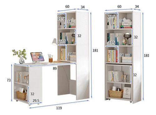 Escritorio Plegable Moderno Con Estantería Lateral Con Rueda Blanco-7