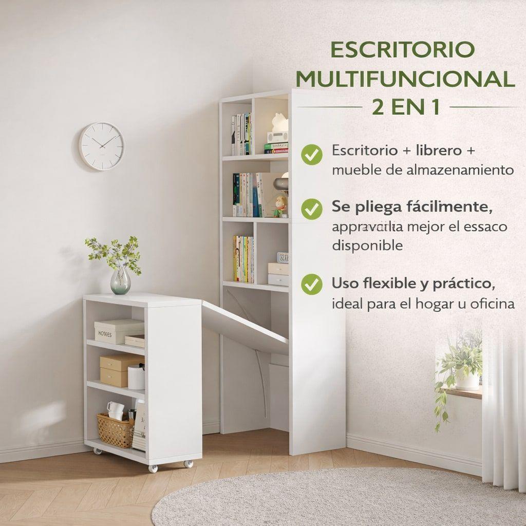 Escritorio Plegable Moderno Con Estantería Lateral Con Rueda Blanco-2