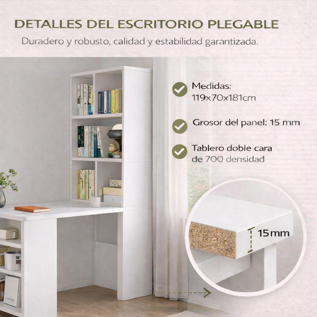Escritorio Plegable Moderno Con Estantería Lateral Con Rueda Blanco-3