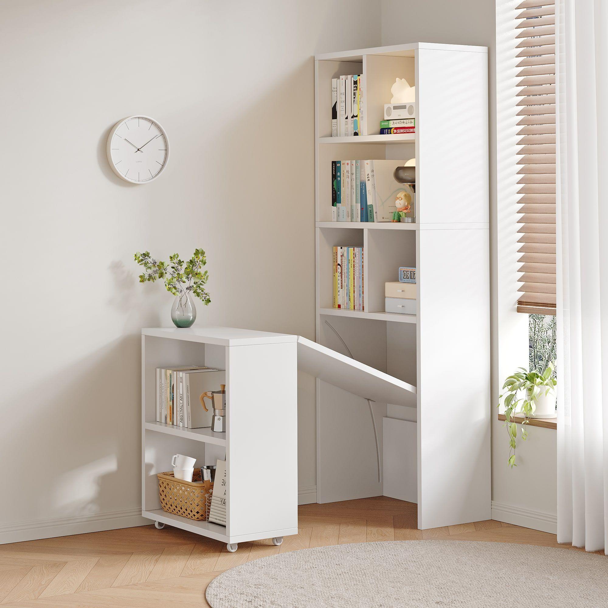 Escritorio Plegable Moderno Con Estantería Lateral Con Rueda Blanco-4