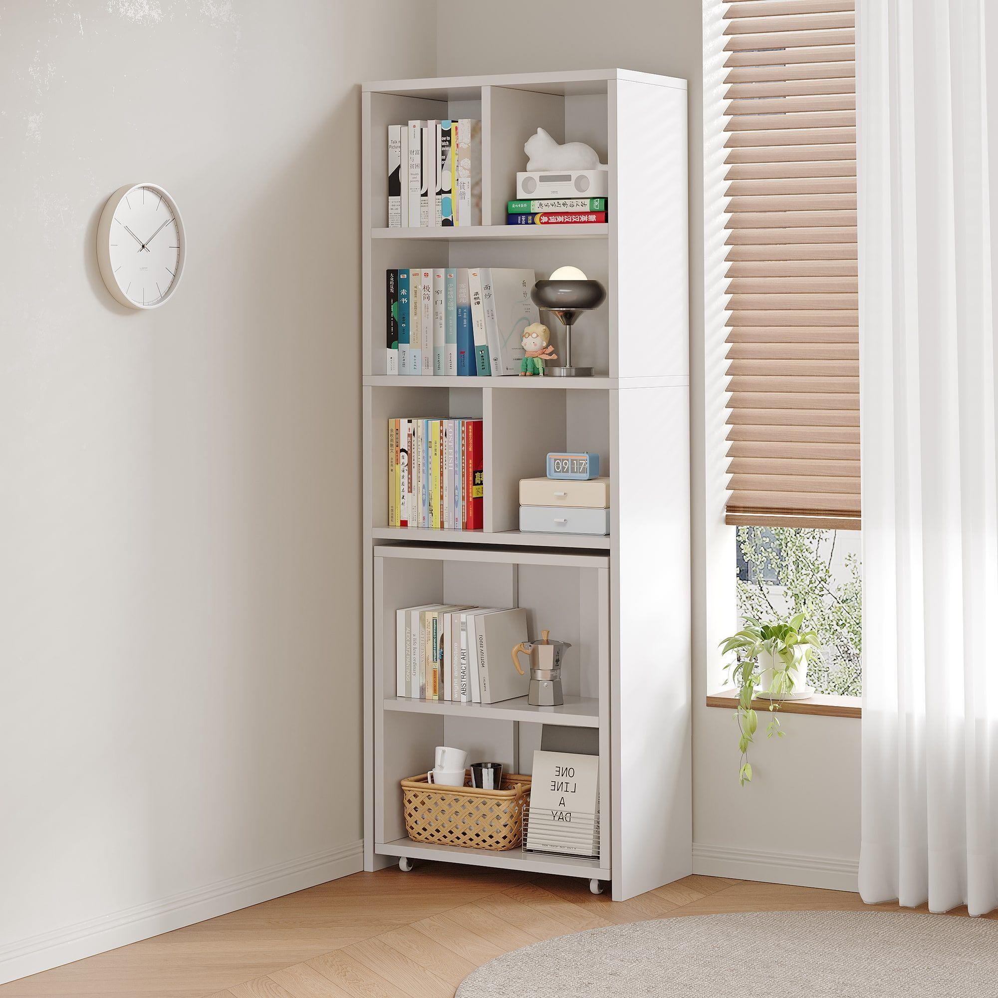 Escritorio Plegable Moderno Con Estantería Lateral Con Rueda Blanco-5