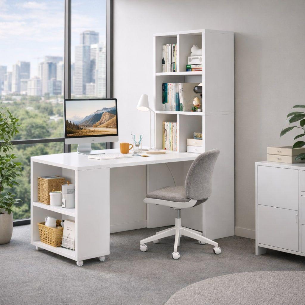 Escritorio Plegable Moderno Con Estantería Lateral Con Rueda Blanco-6