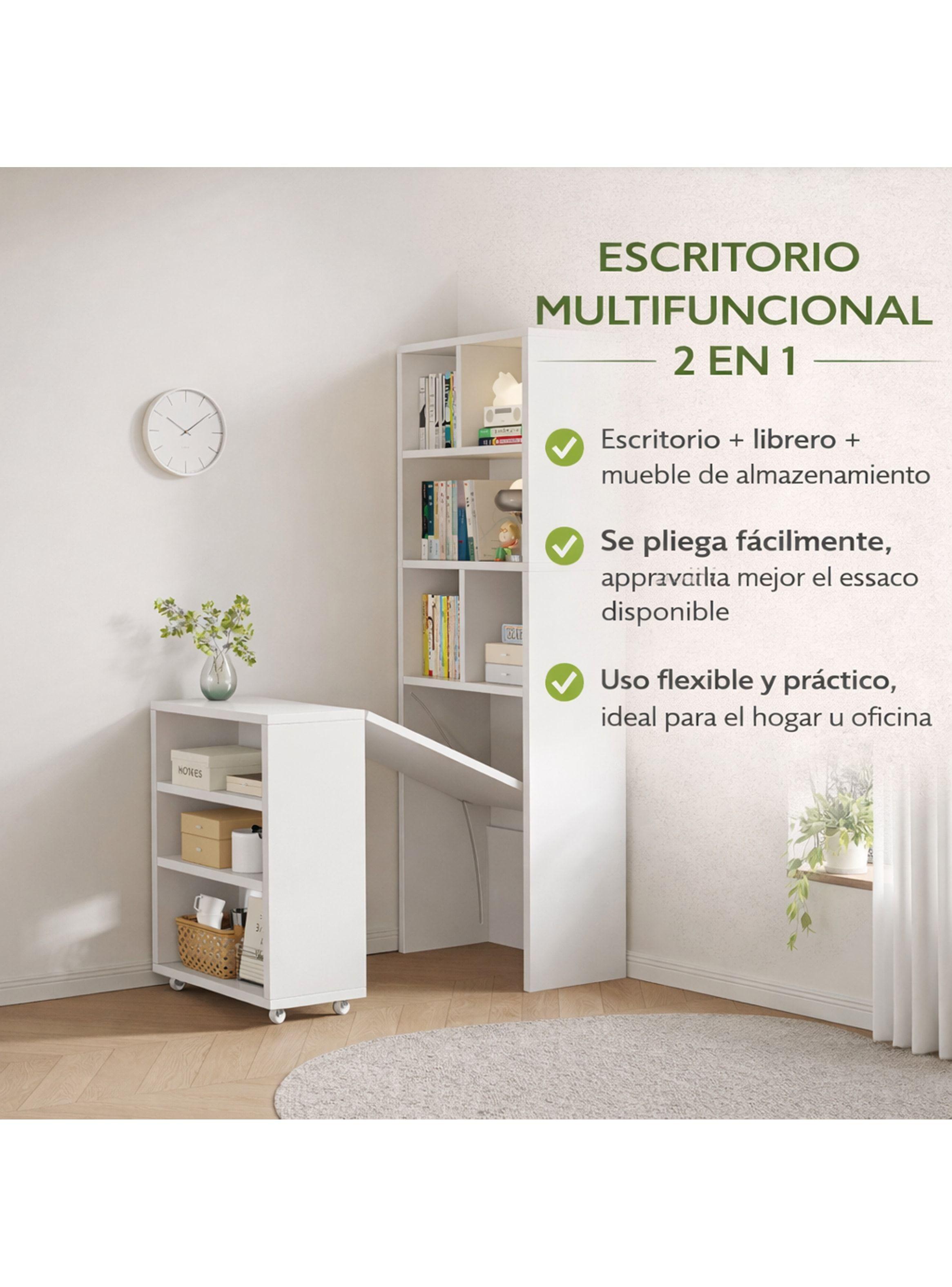 Escritorio Plegable Moderno Con Estantería Lateral Con Rueda Blanco-2