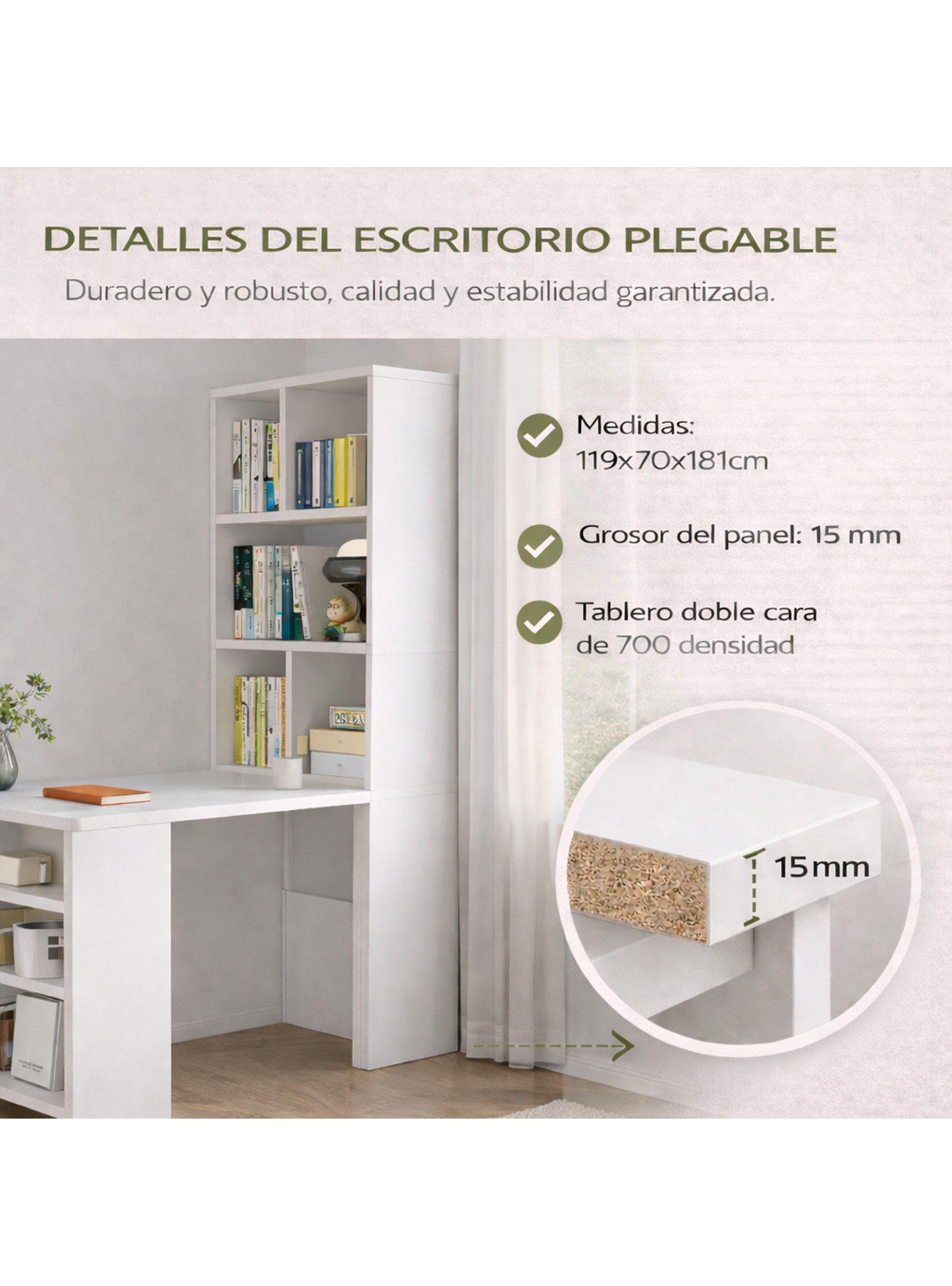 Escritorio Plegable Moderno Con Estantería Lateral Con Rueda Blanco-3