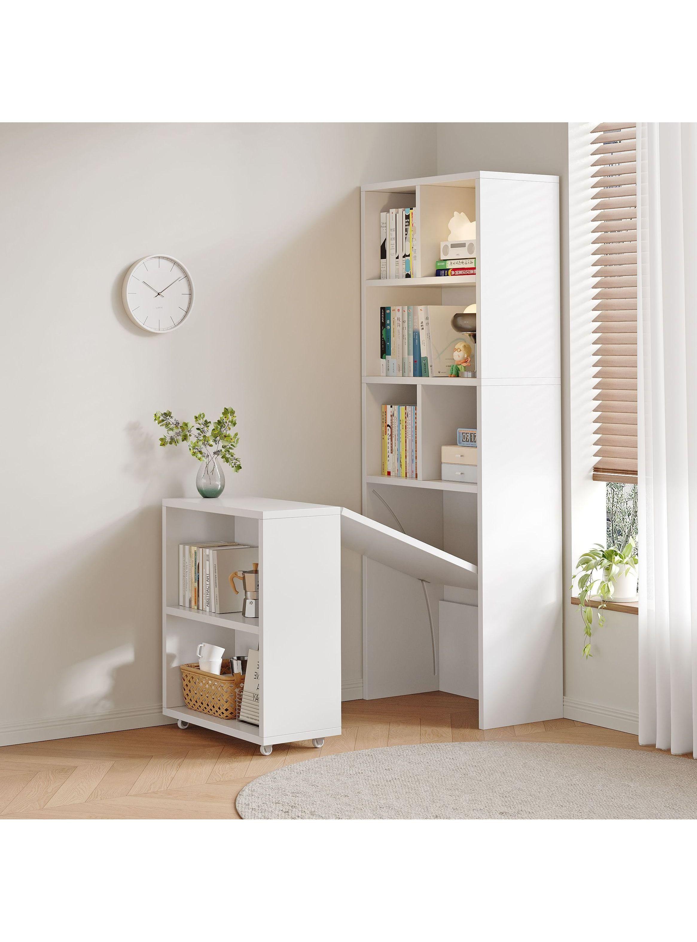 Escritorio Plegable Moderno Con Estantería Lateral Con Rueda Blanco-4