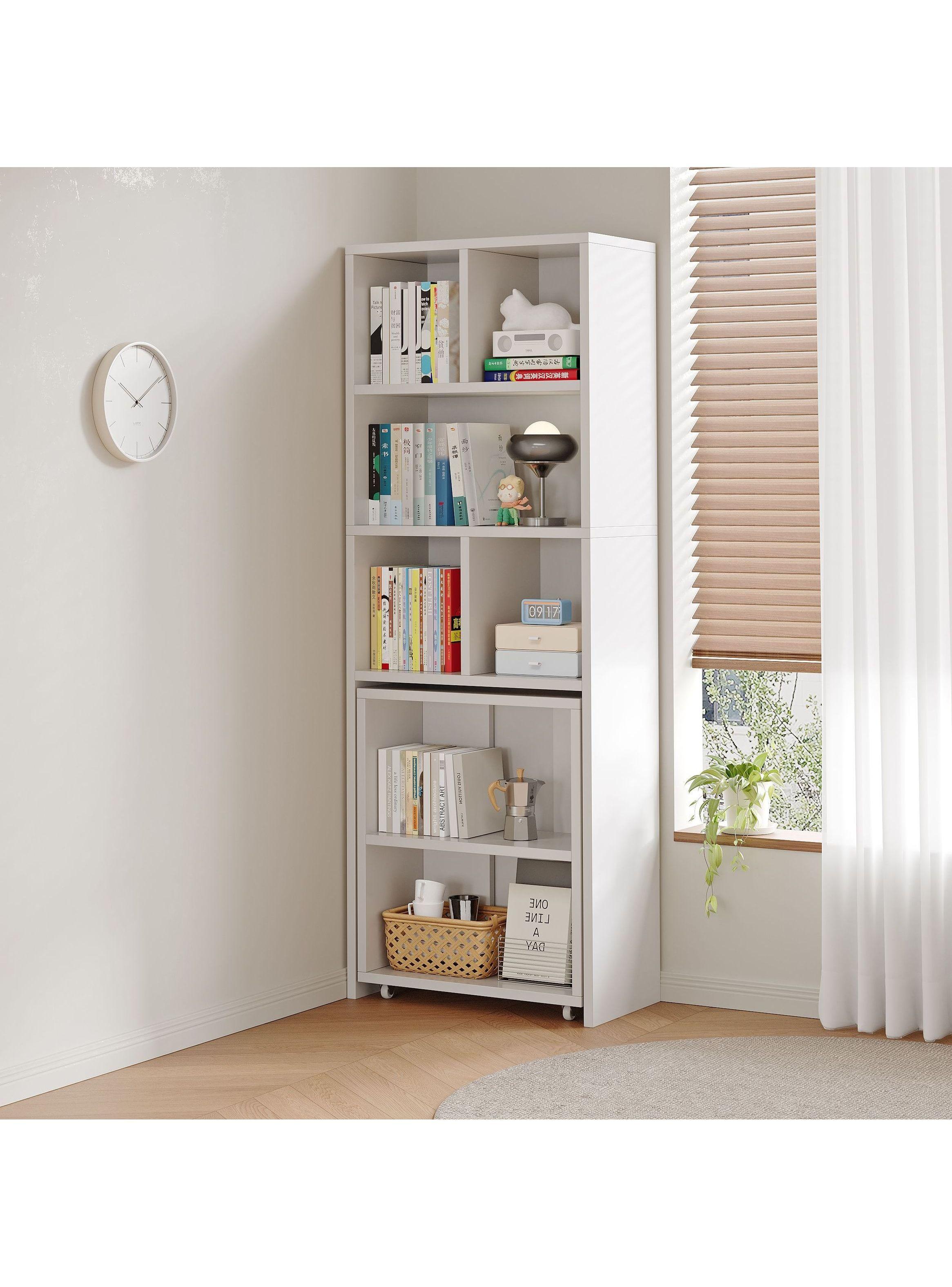 Escritorio Plegable Moderno Con Estantería Lateral Con Rueda Blanco-5