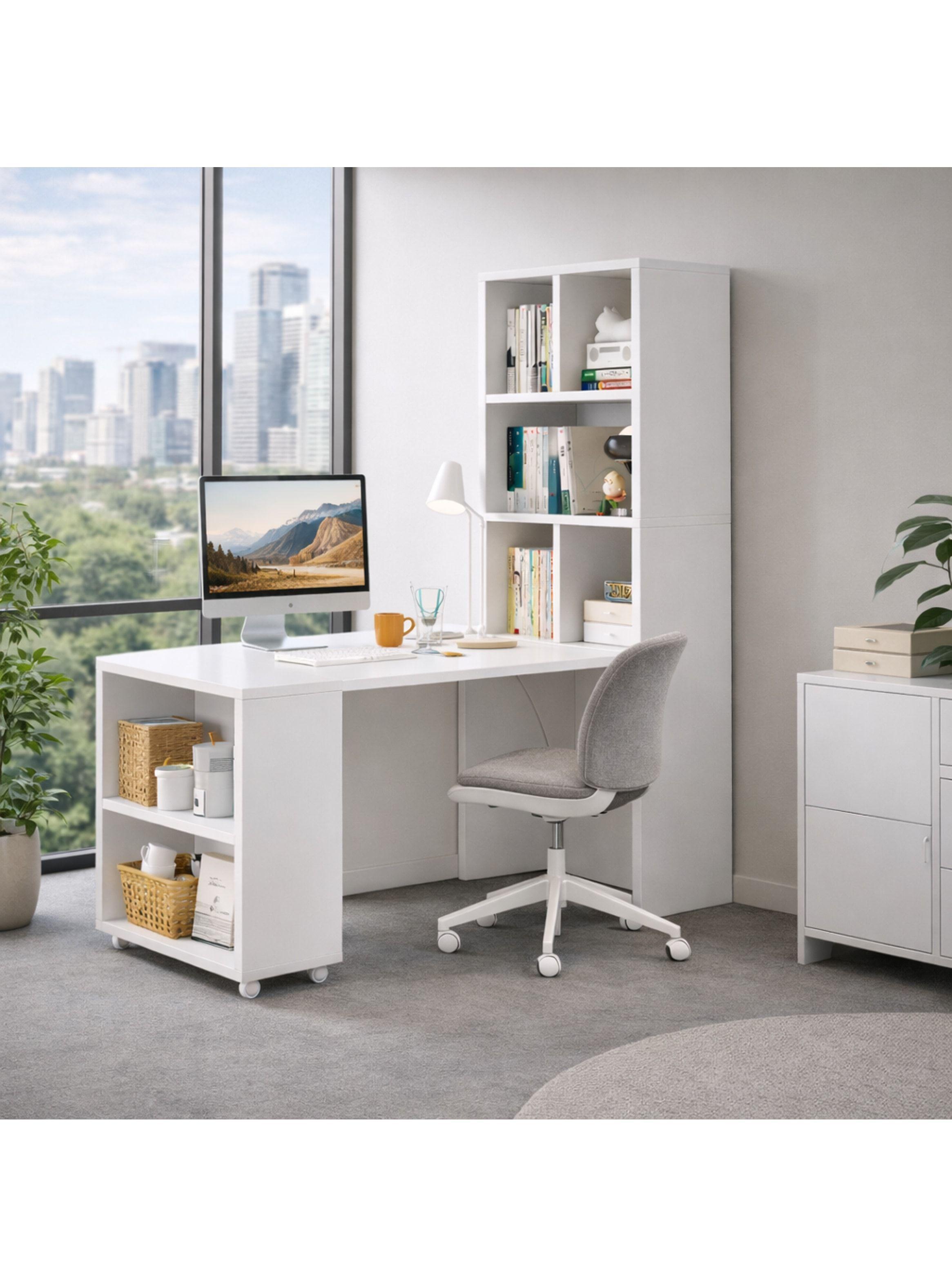 Escritorio Plegable Moderno Con Estantería Lateral Con Rueda Blanco-6