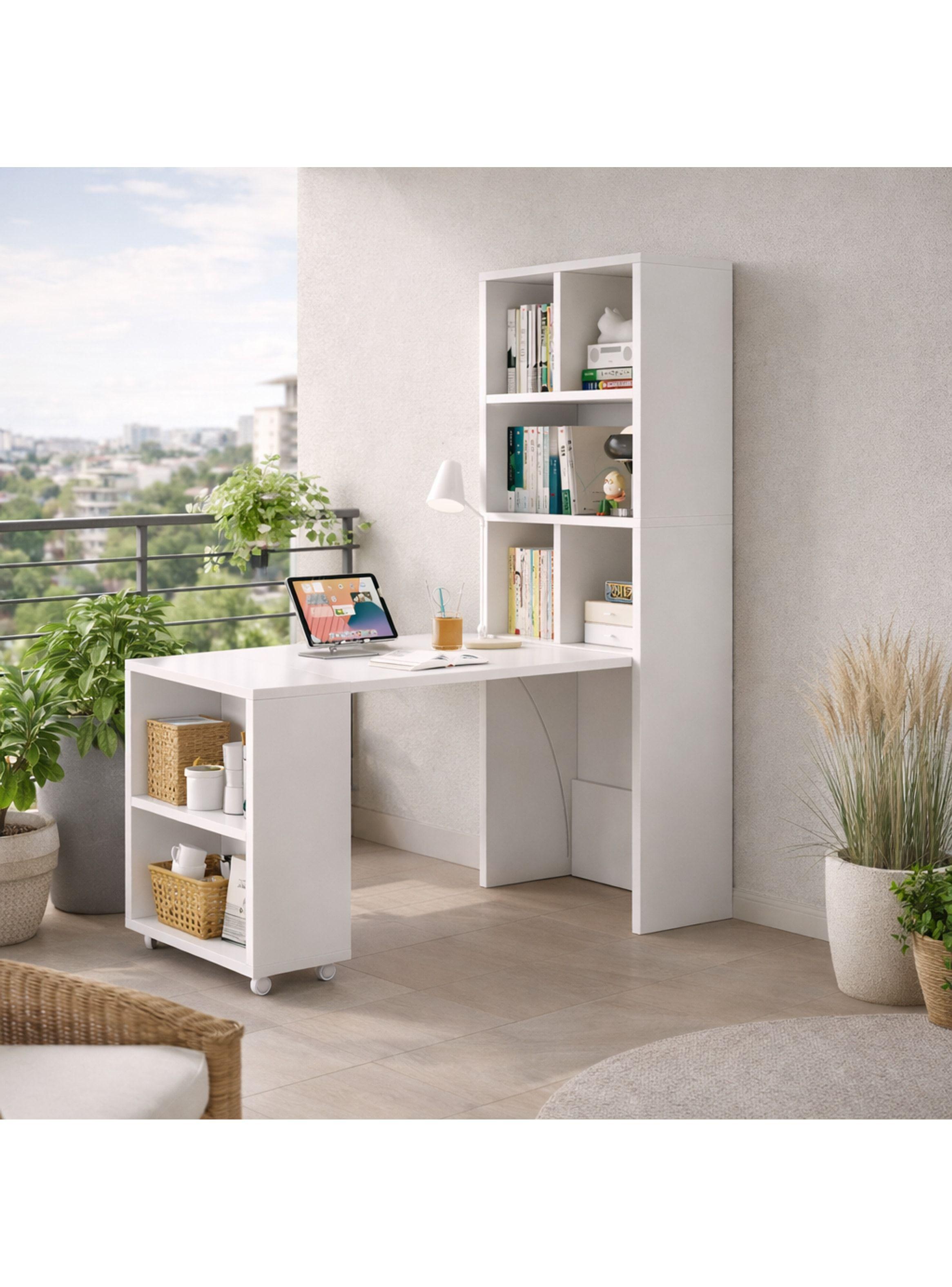 Escritorio Plegable Moderno Con Estantería Lateral Con Rueda Blanco-8