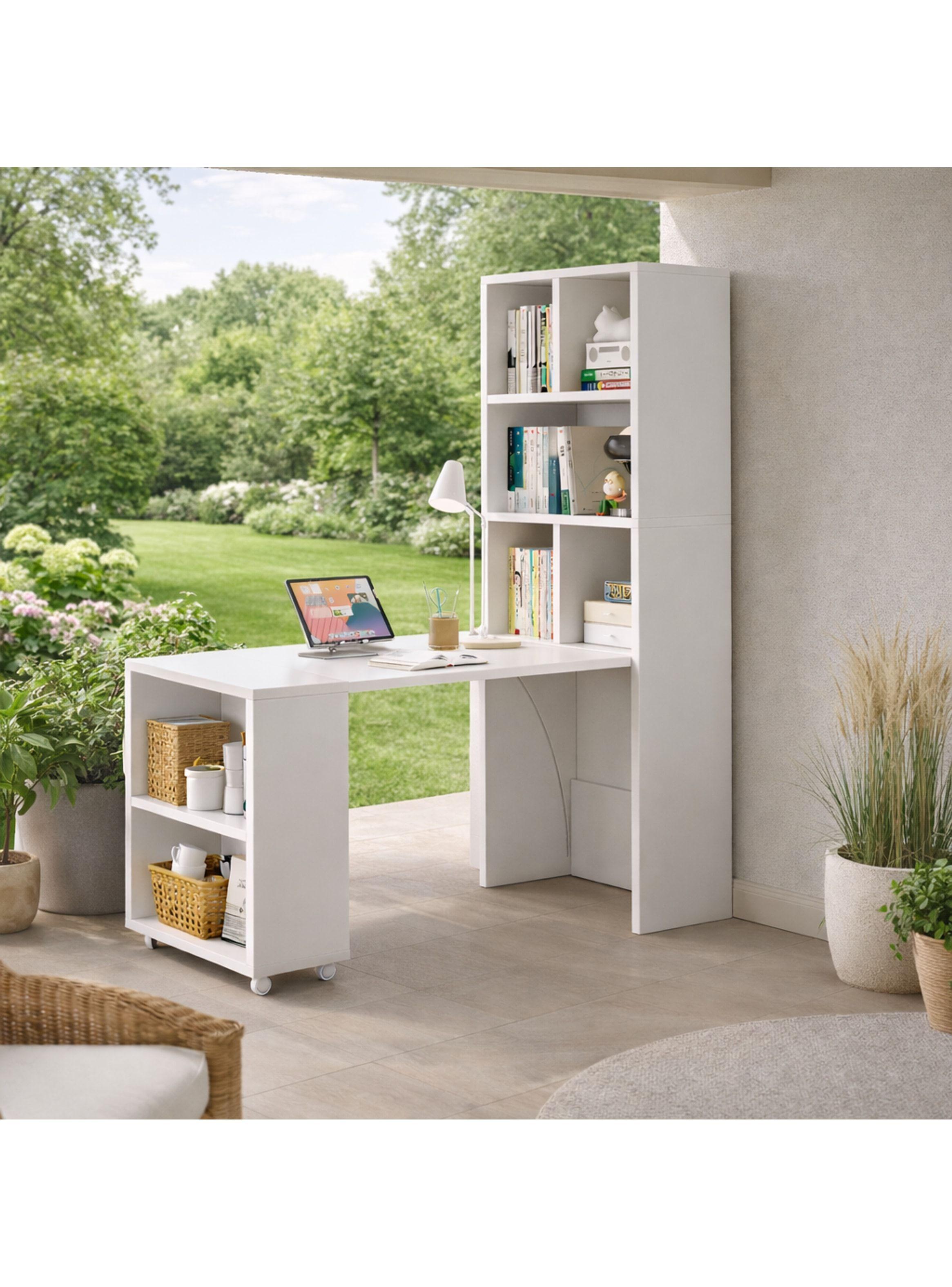 Escritorio Plegable Moderno Con Estantería Lateral Con Rueda Blanco-9