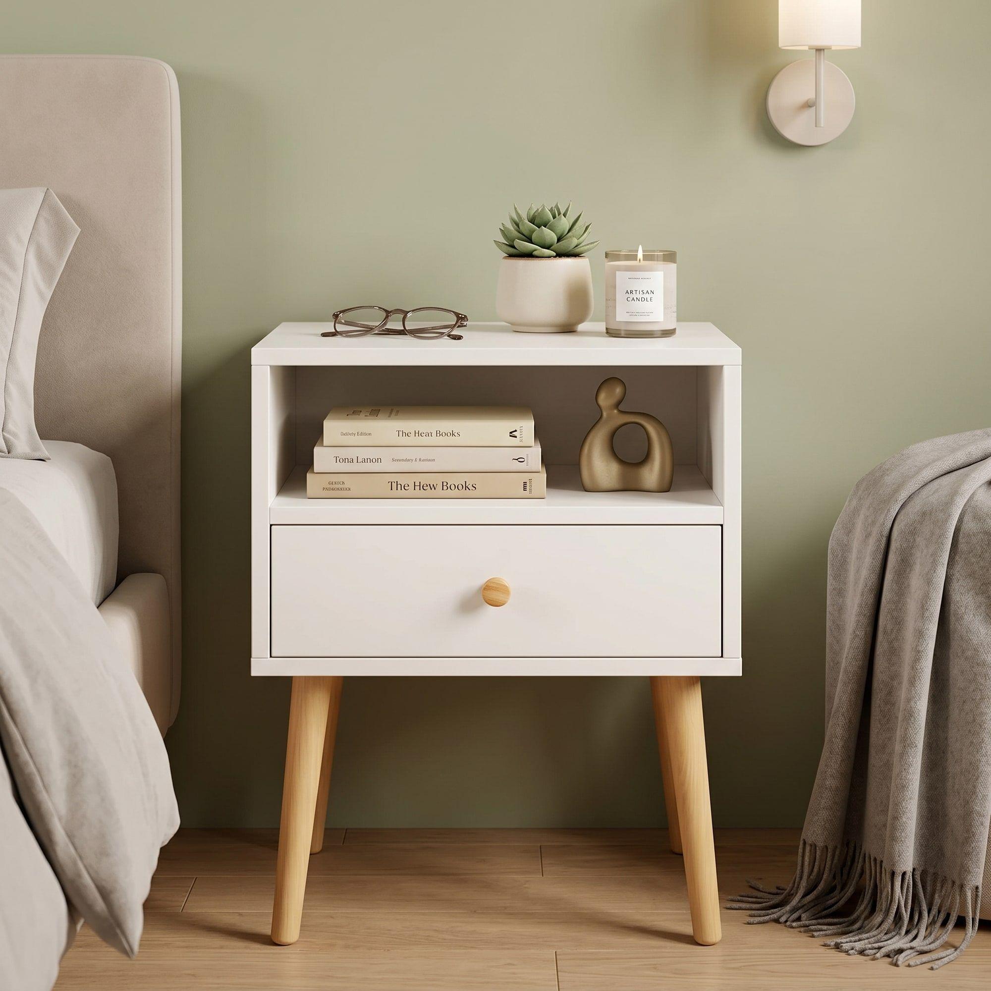 Velador Minimalista Moderno Con Cajón Home Design 60x40x30 Mate Blanco-3