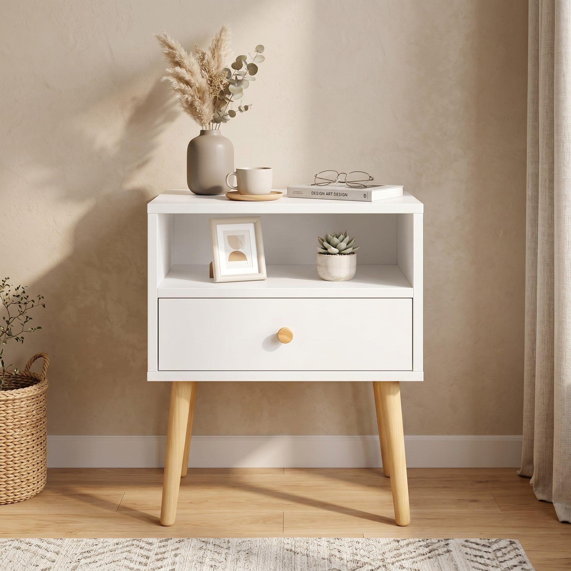 Velador Minimalista Moderno Con Cajón Home Design 60x40x30 Mate Blanco-4