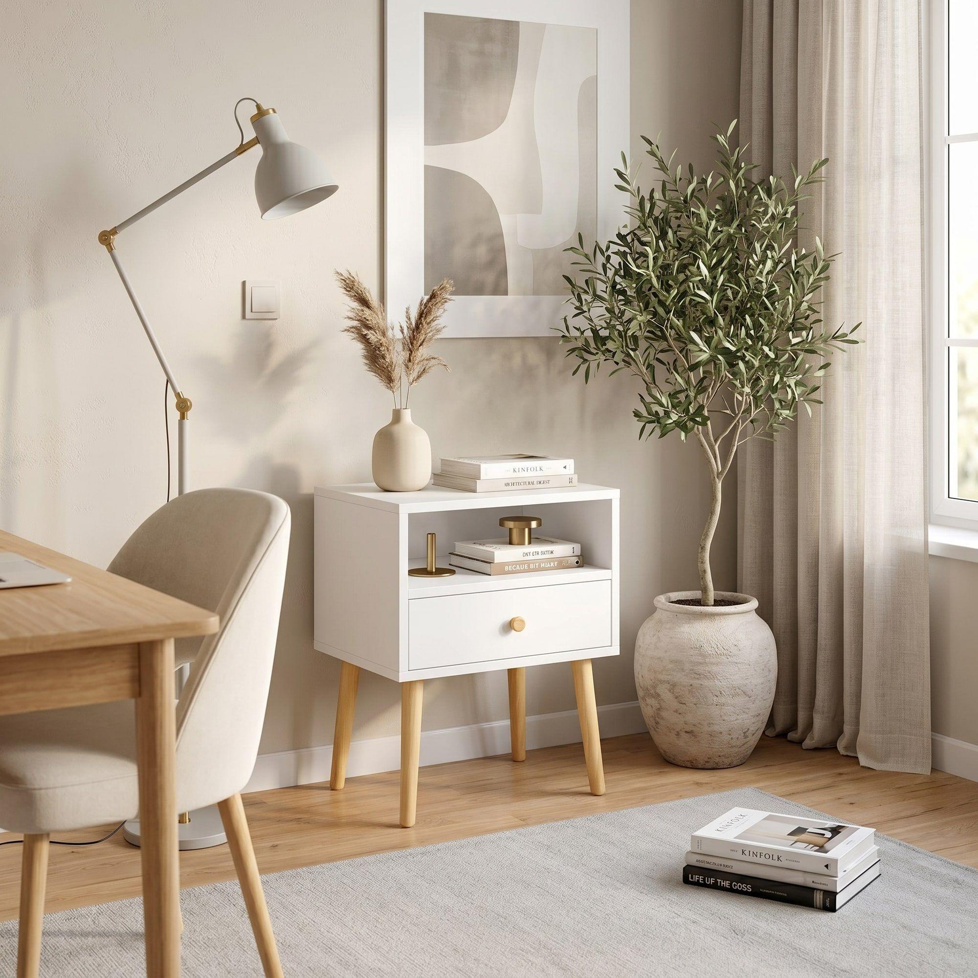 Velador Minimalista Moderno Con Cajón Home Design 60x40x30 Mate Blanco-5