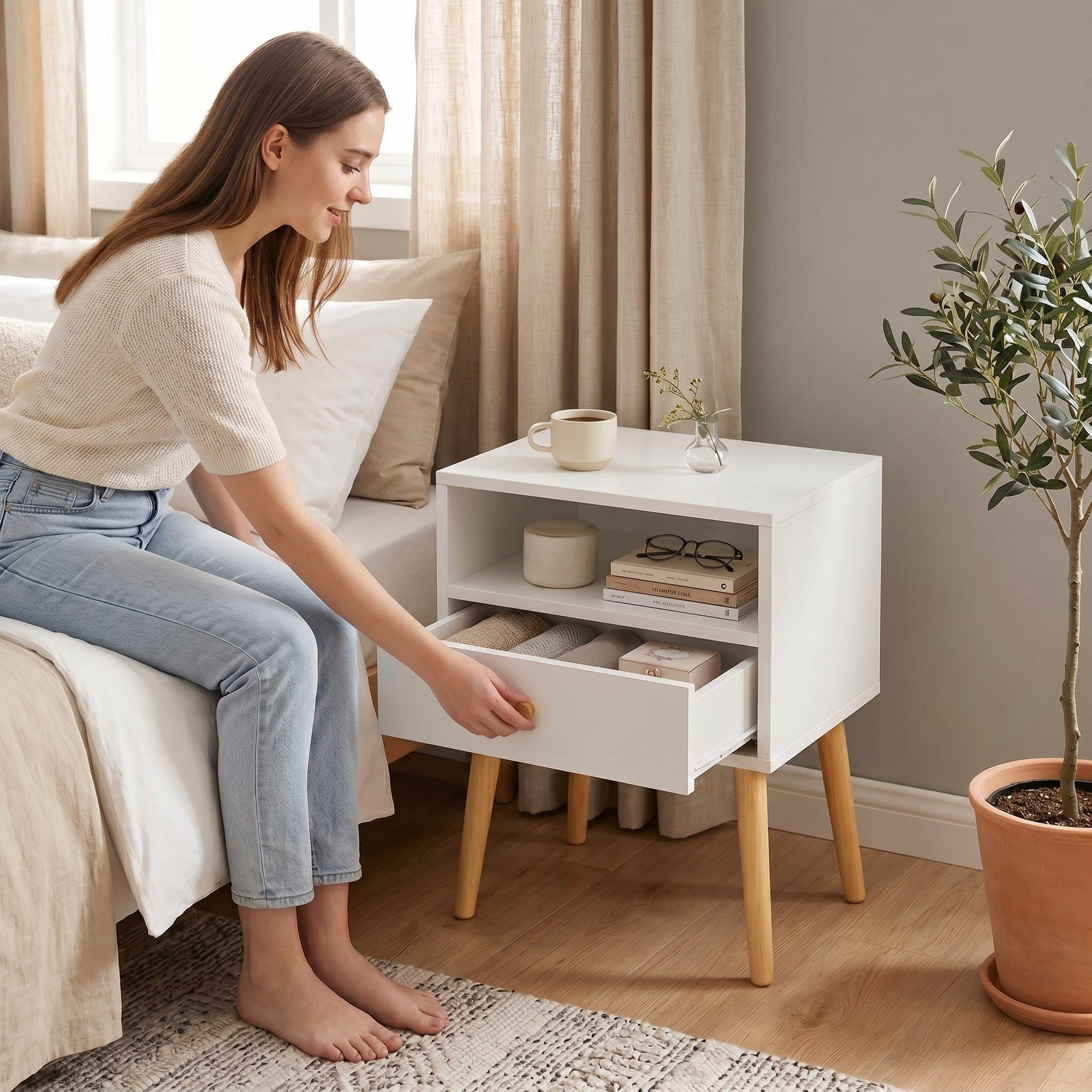 Velador Minimalista Moderno Con Cajón Home Design 60x40x30 Mate Blanco-6