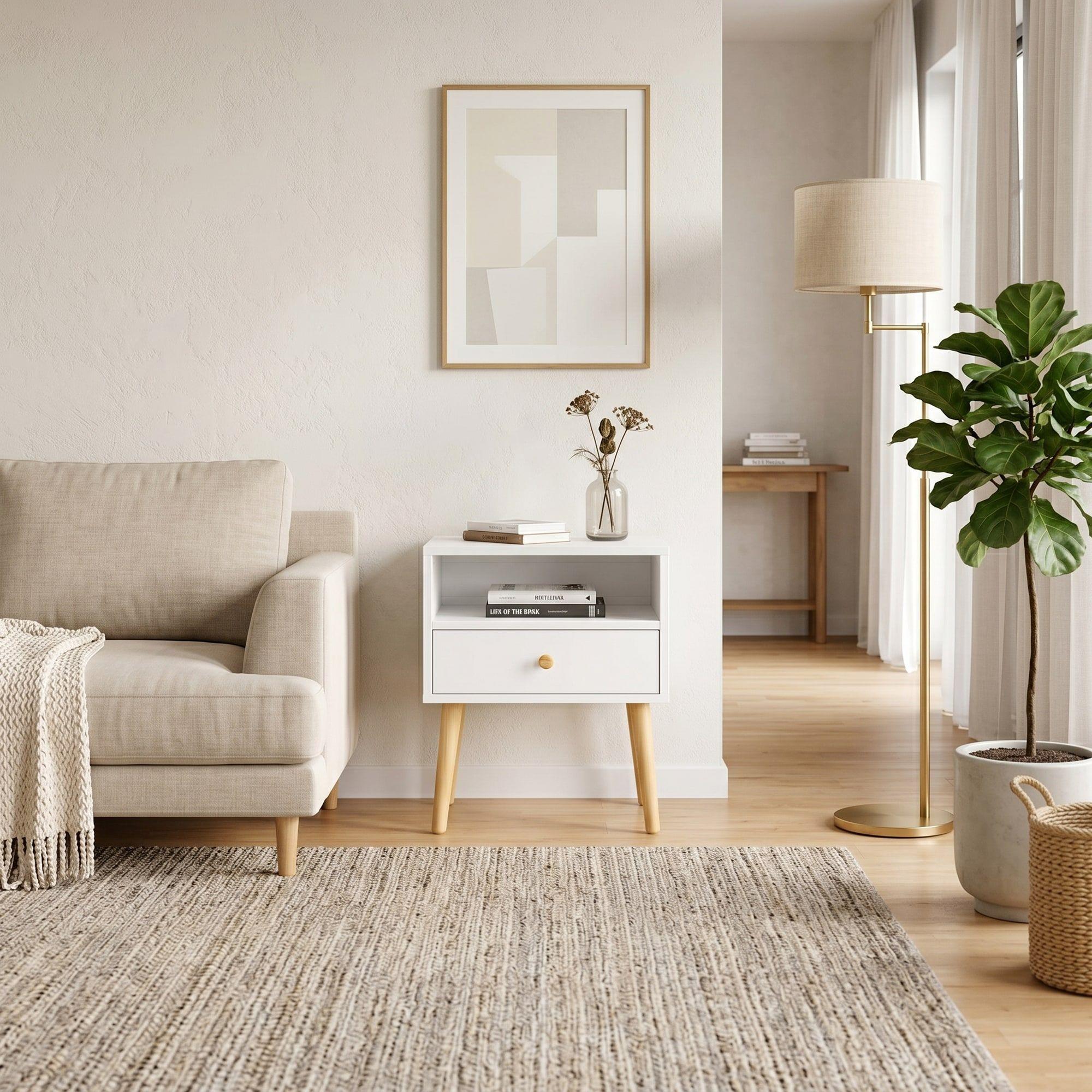 Velador Minimalista Moderno Con Cajón Home Design 60x40x30 Mate Blanco-7