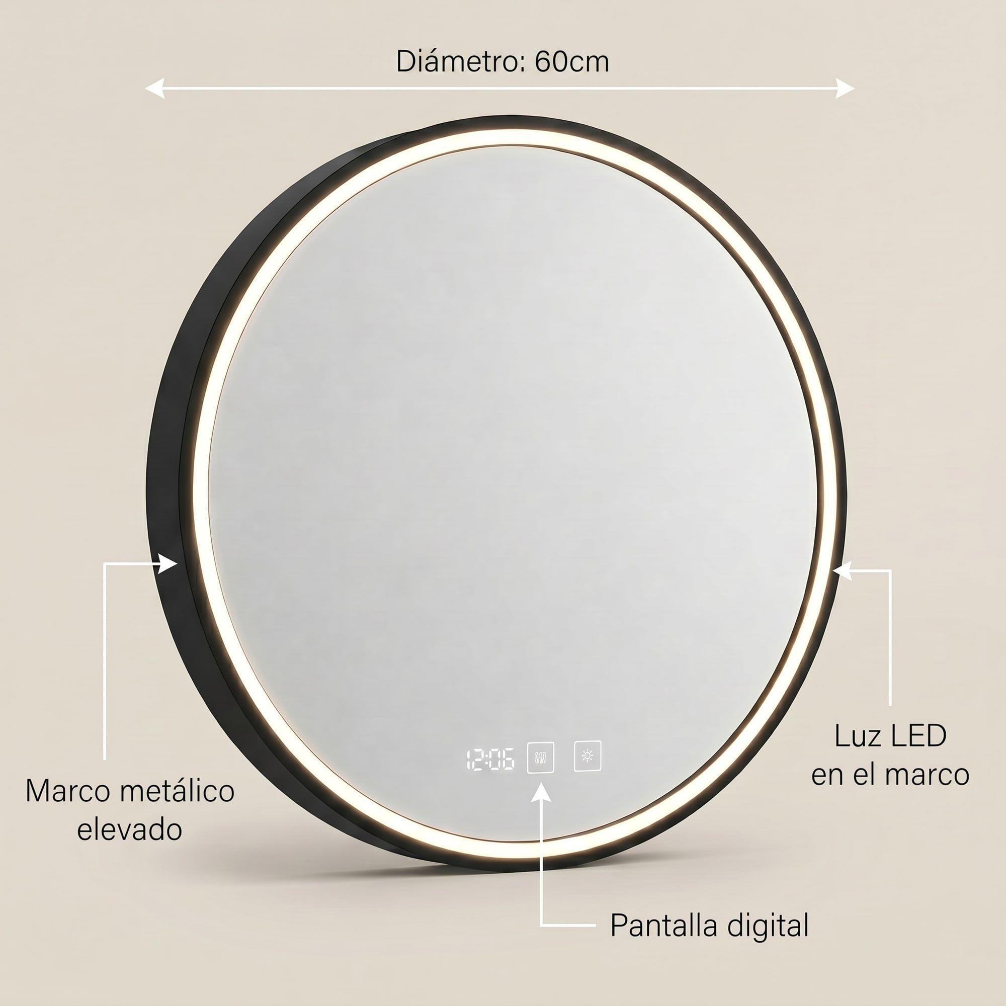 Espejo Marco Melalico Con Luz Led Touch Para Baño 60cm Negro-2