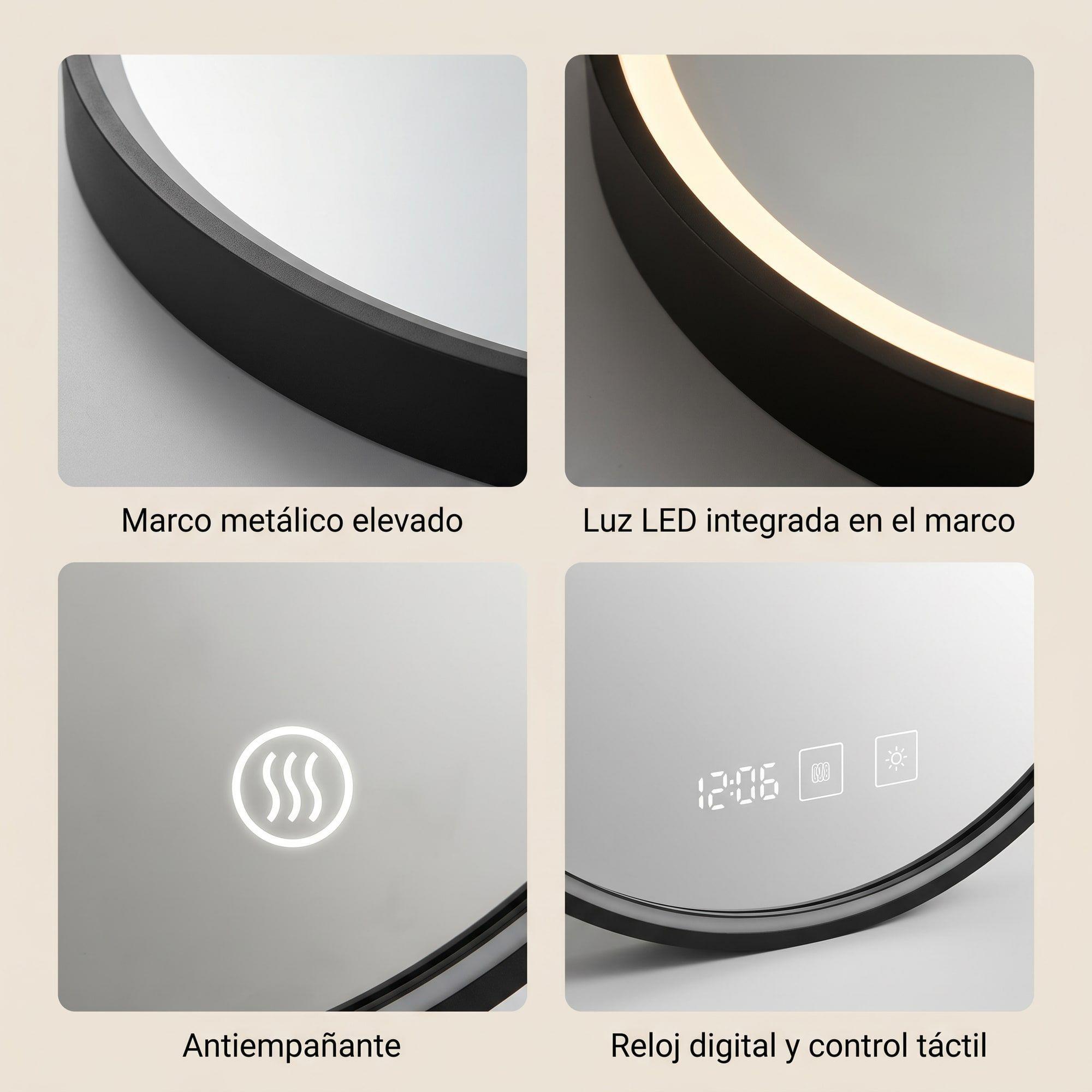 Espejo Marco Melalico Con Luz Led Touch Para Baño 60cm Negro-3