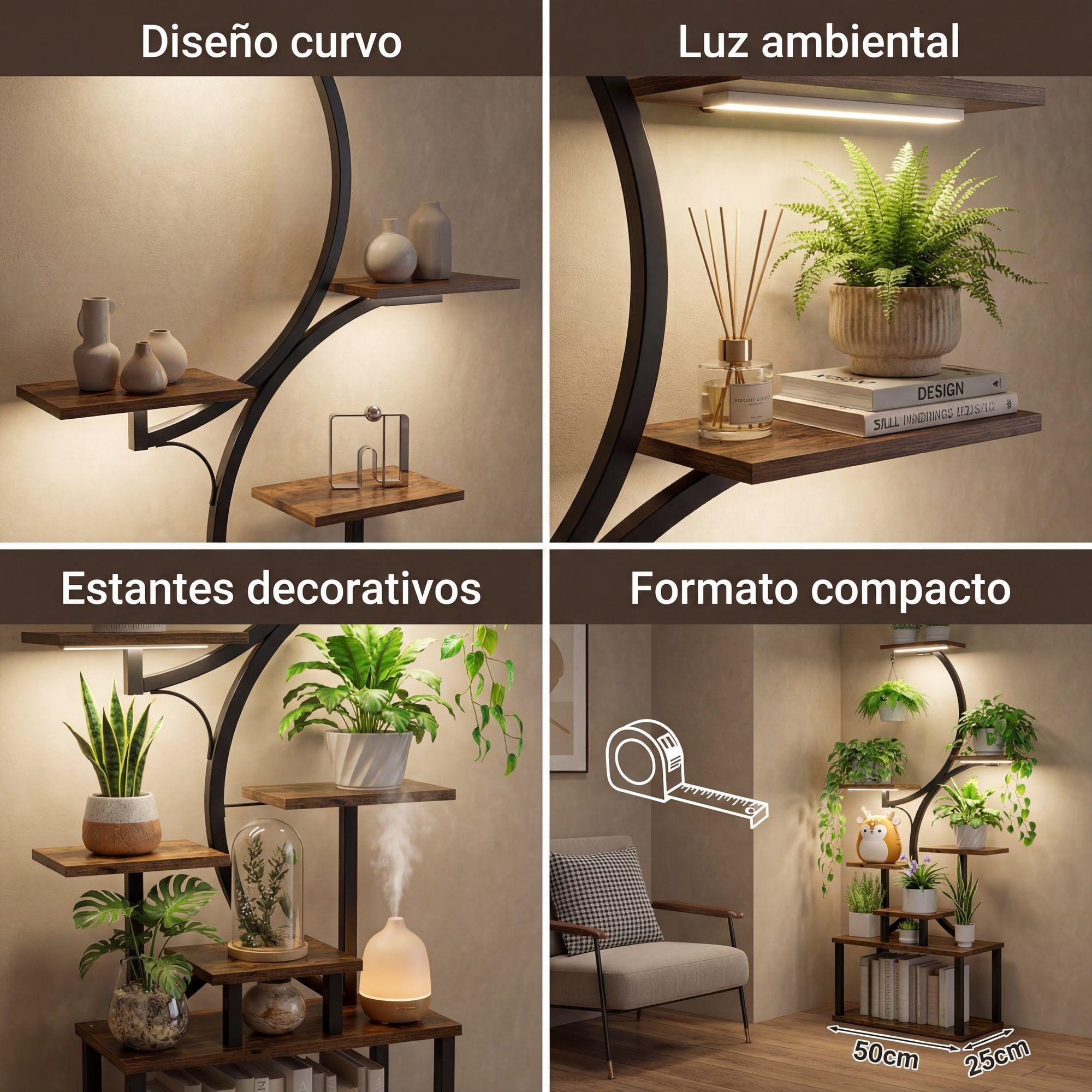 Organizador Repisa Decoración Estante Planta Librero Con Luz Marrón-3
