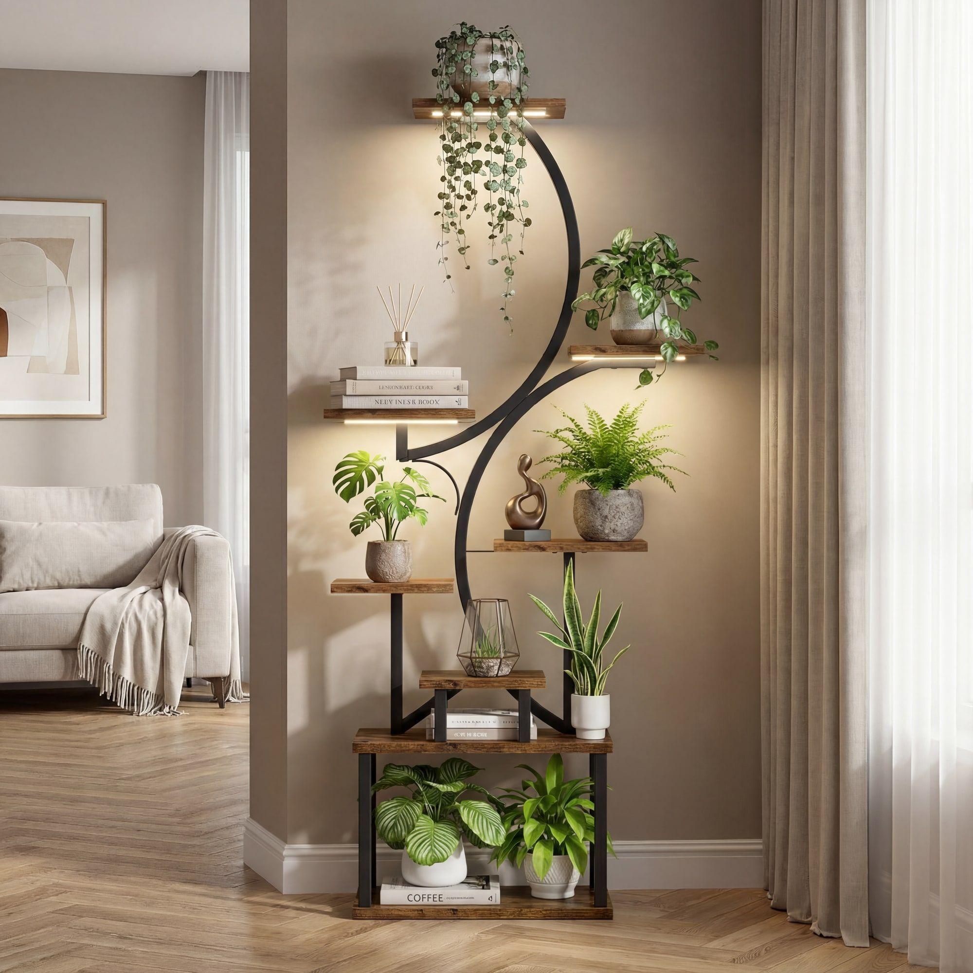 Organizador Repisa Decoración Estante Planta Librero Con Luz Marrón-5