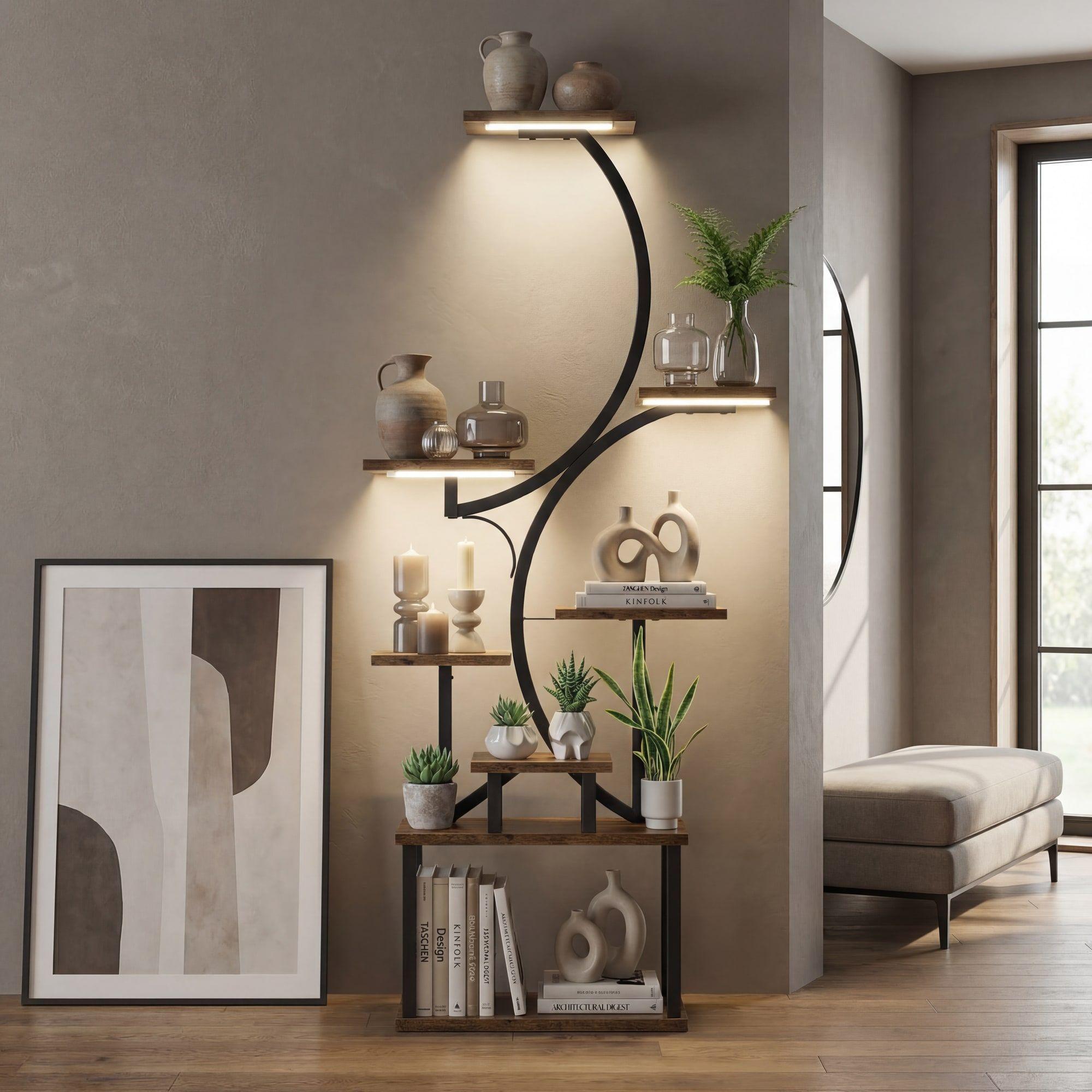 Organizador Repisa Decoración Estante Planta Librero Con Luz Marrón-6