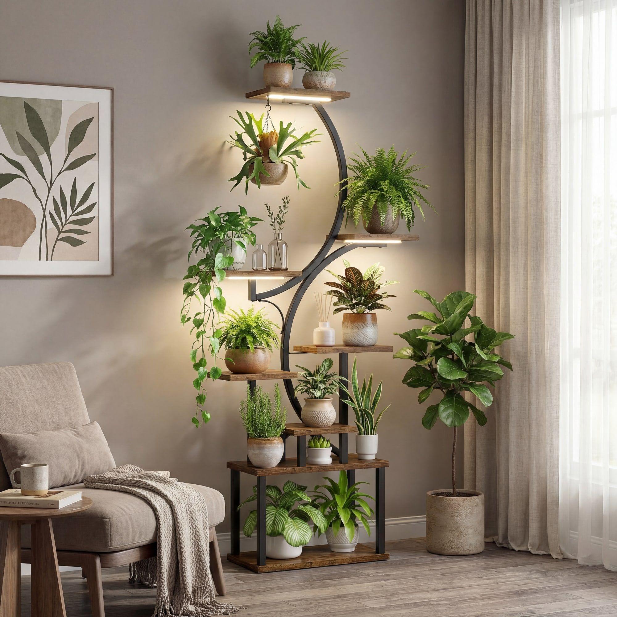 Organizador Repisa Decoración Estante Planta Librero Con Luz Marrón-7