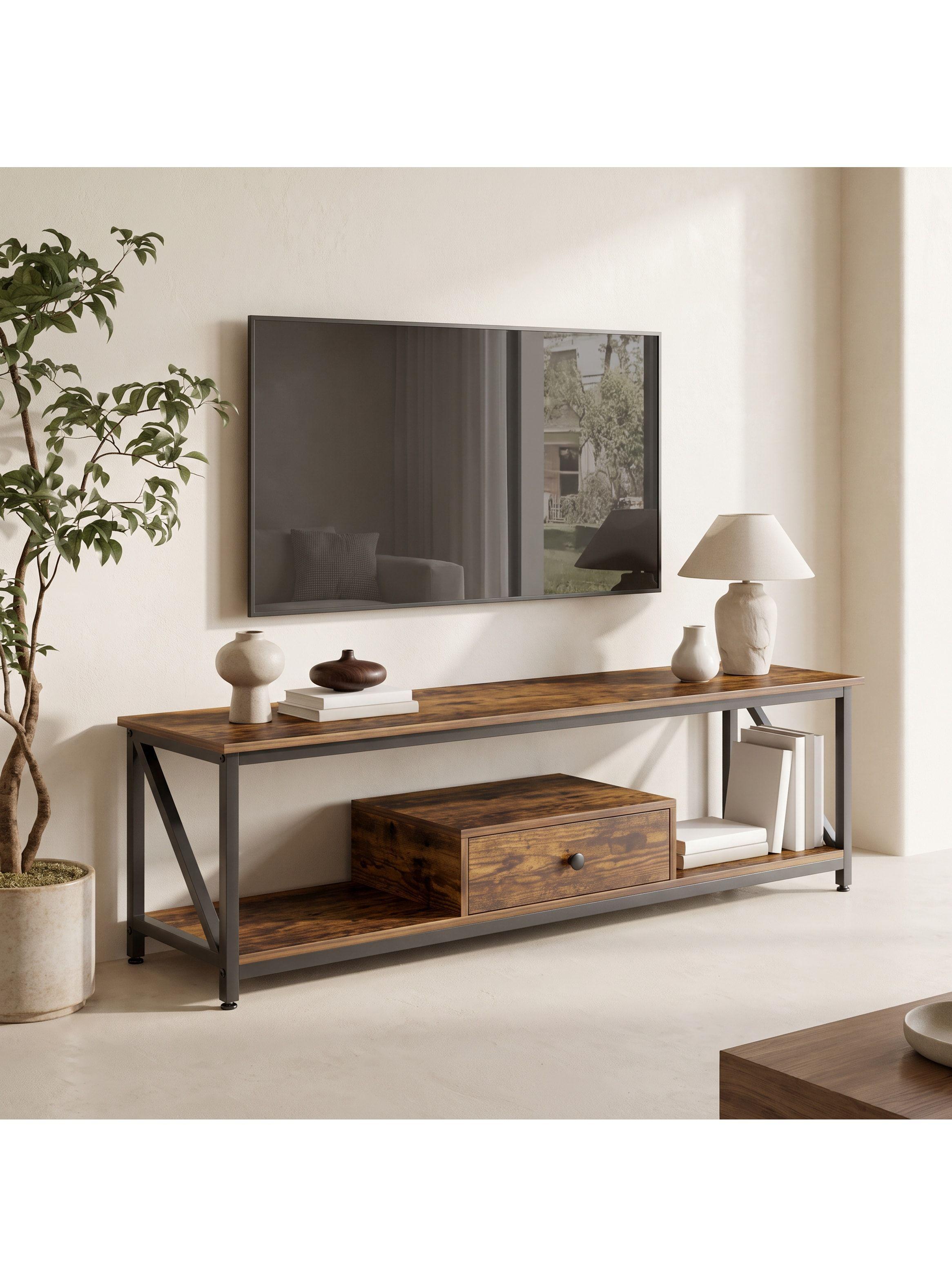 Rack Tv Industrial Con Cajón Central Y Estantes De 140 Cm Madera Veteada Y Negro DSG05701R-0