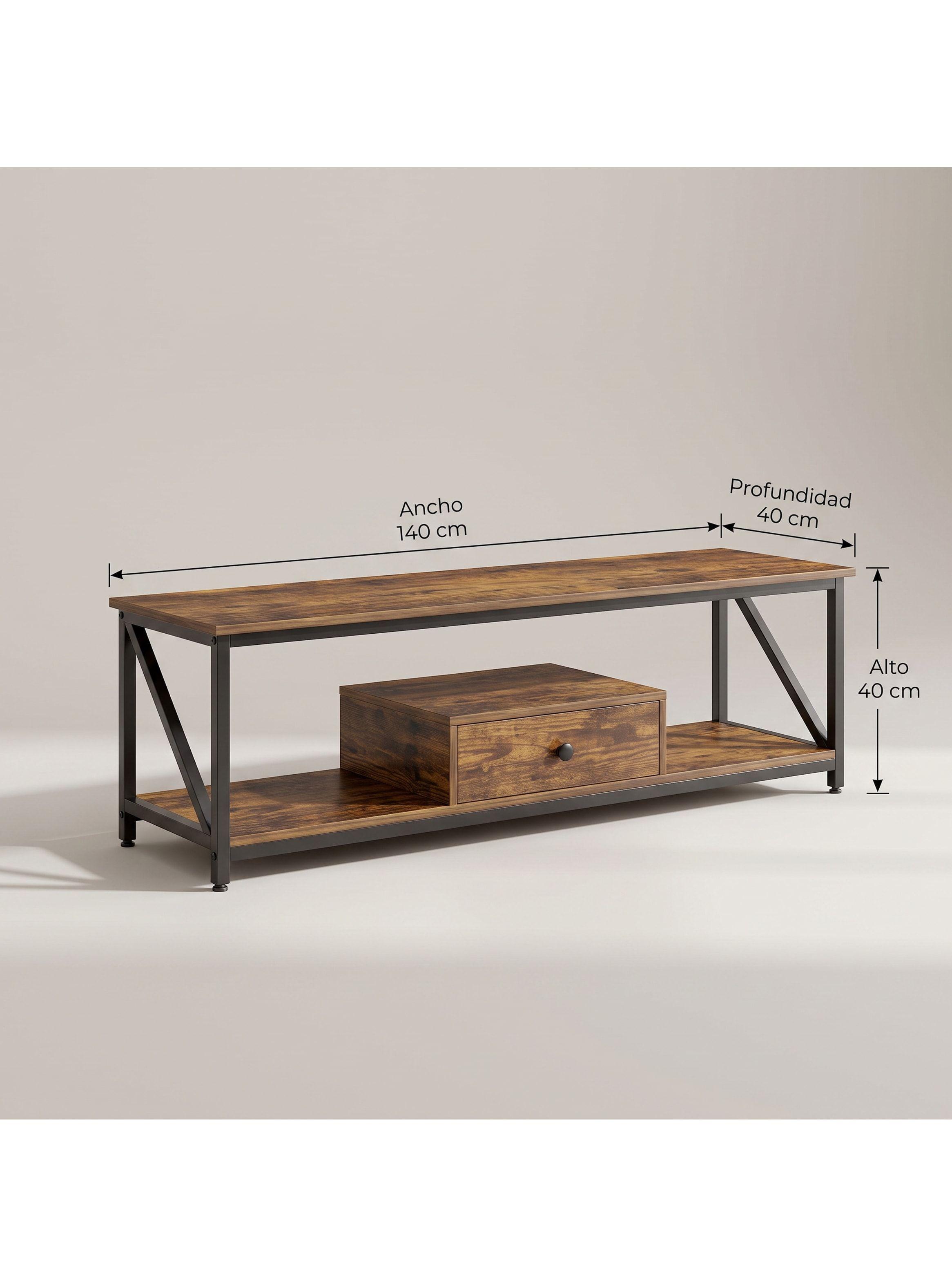 Rack Tv Industrial Con Cajón Central Y Estantes De 140 Cm Madera Veteada Y Negro DSG05701R-2