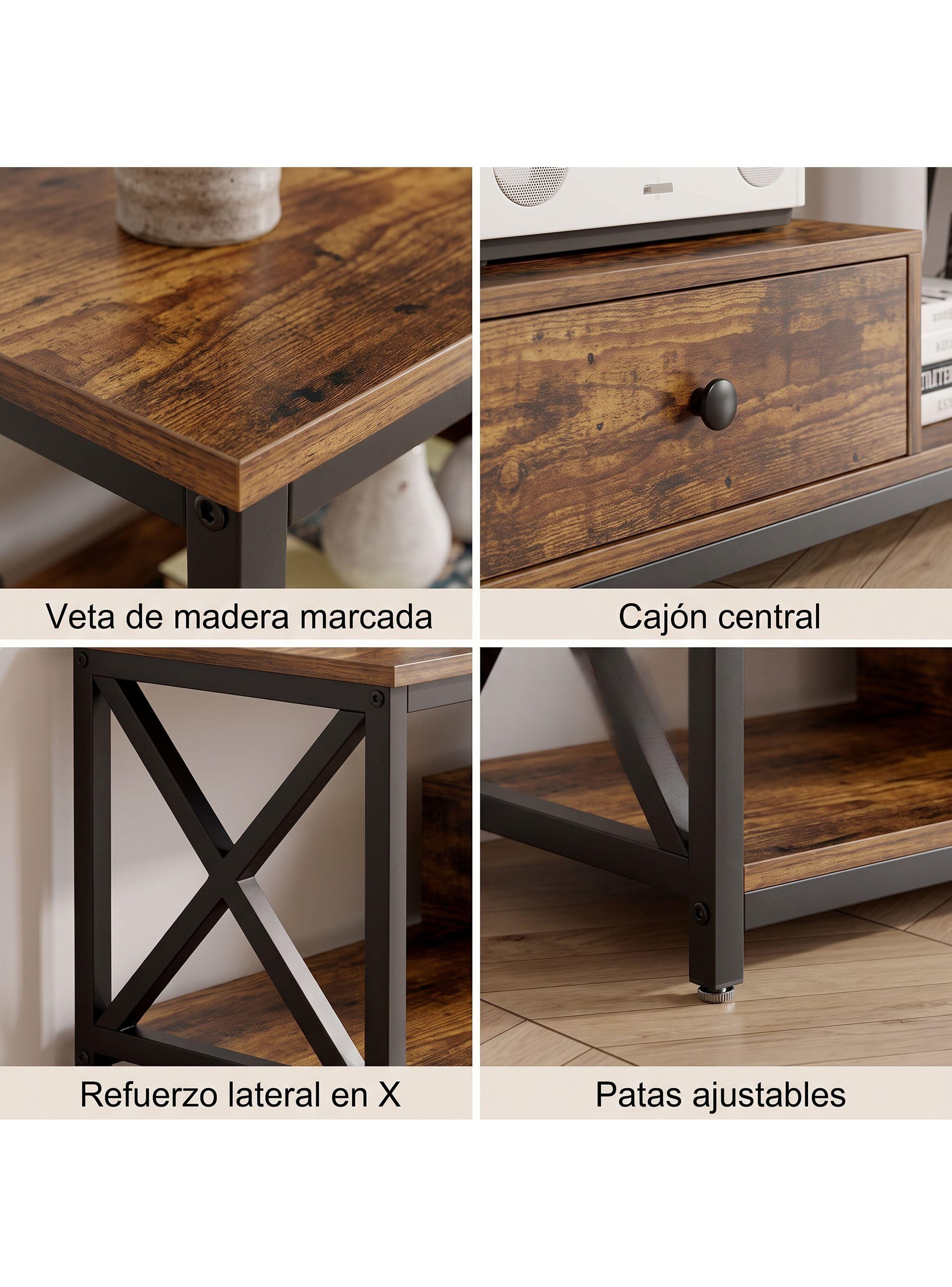 Rack Tv Industrial Con Cajón Central Y Estantes De 140 Cm Madera Veteada Y Negro DSG05701R-3