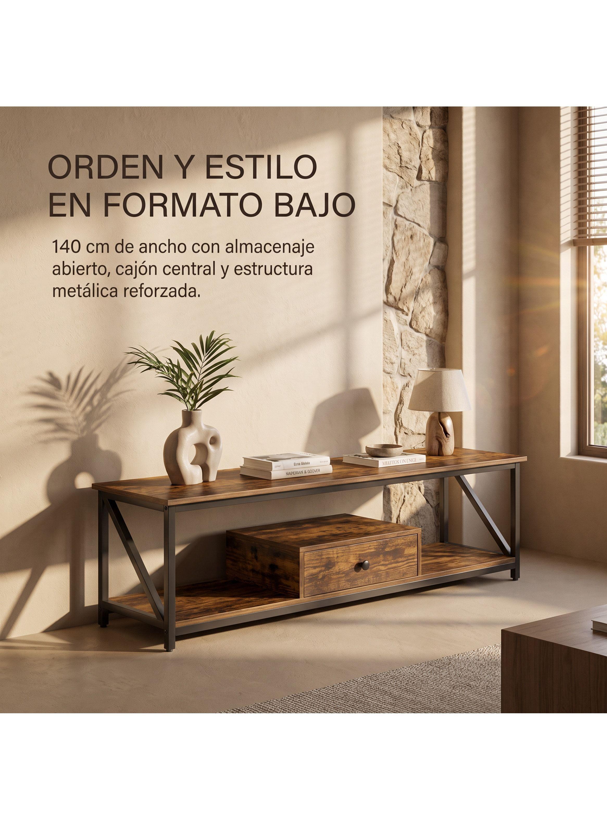 Rack Tv Industrial Con Cajón Central Y Estantes De 140 Cm Madera Veteada Y Negro DSG05701R-7