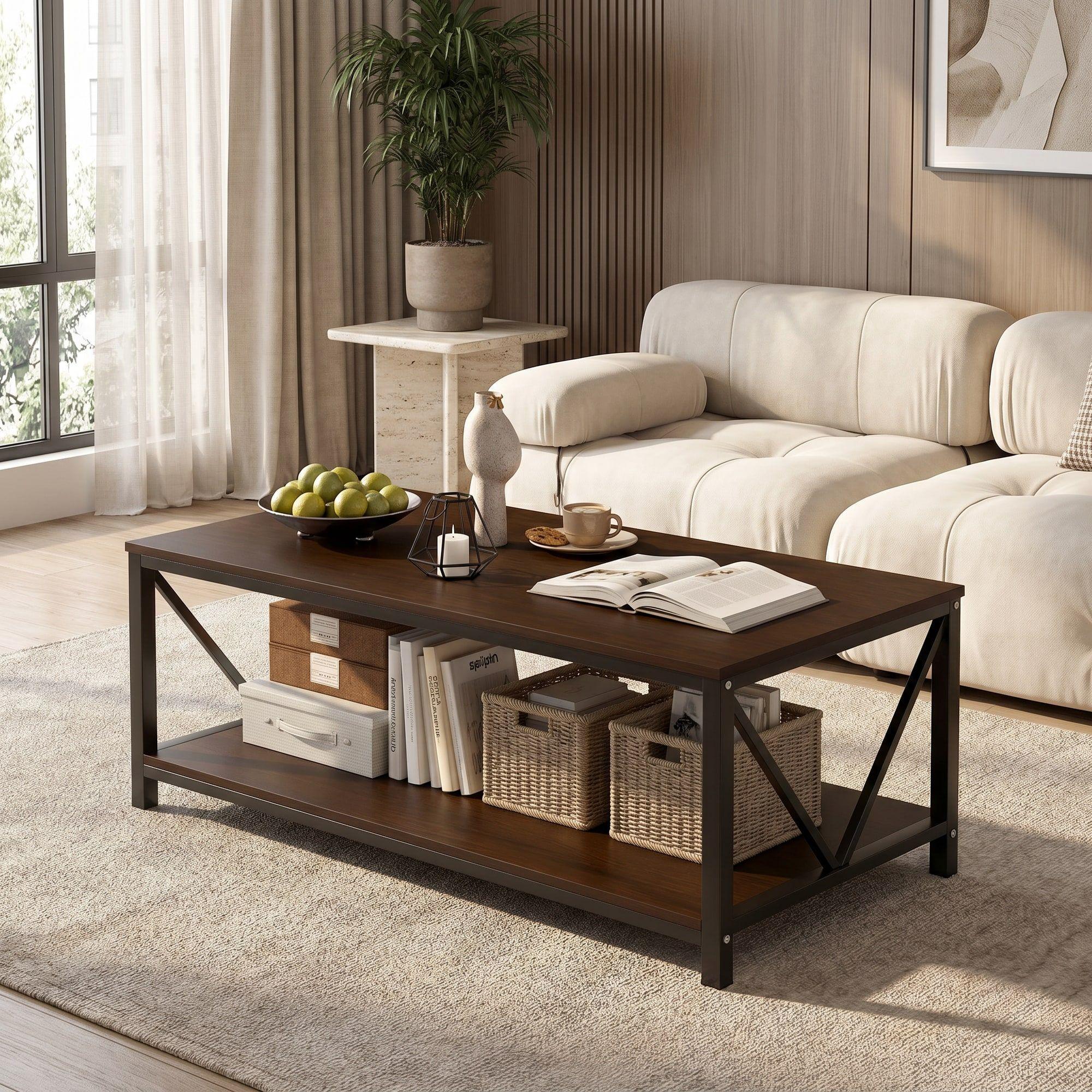 Mesa De Centro Minimalista Con Cubierta De Melamina Color Marrón Oscuro-0