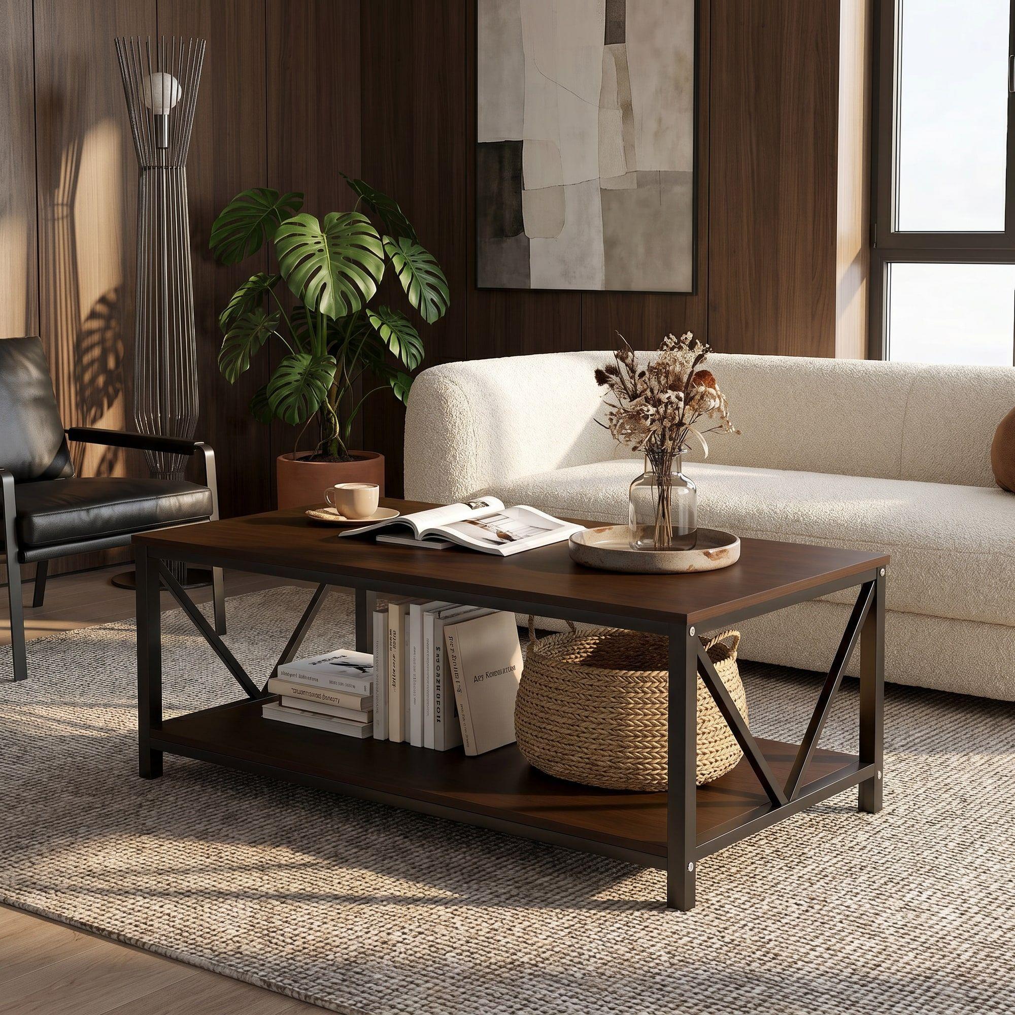 Mesa De Centro Minimalista Con Cubierta De Melamina Color Marrón Oscuro-4