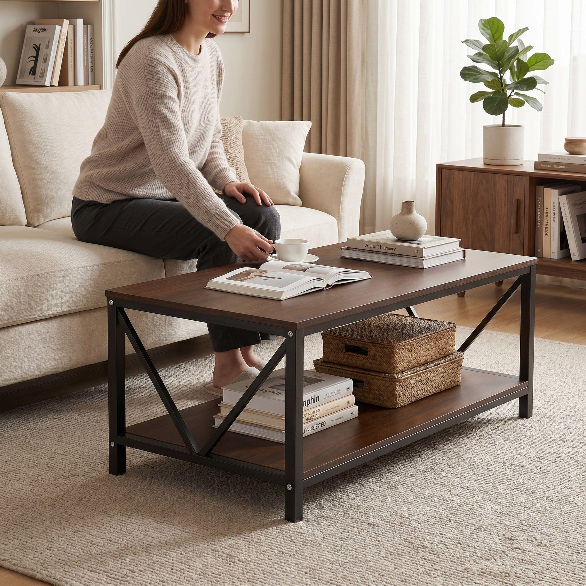 Mesa De Centro Minimalista Con Cubierta De Melamina Color Marrón Oscuro-5