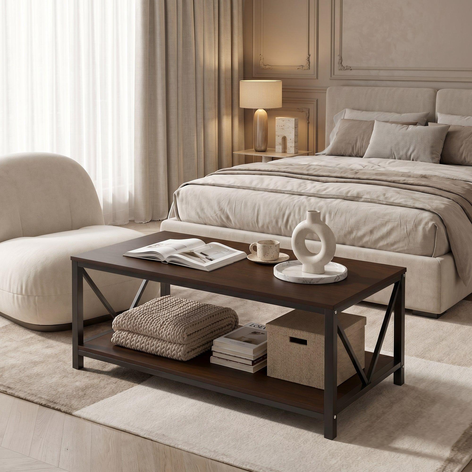 Mesa De Centro Minimalista Con Cubierta De Melamina Color Marrón Oscuro-7