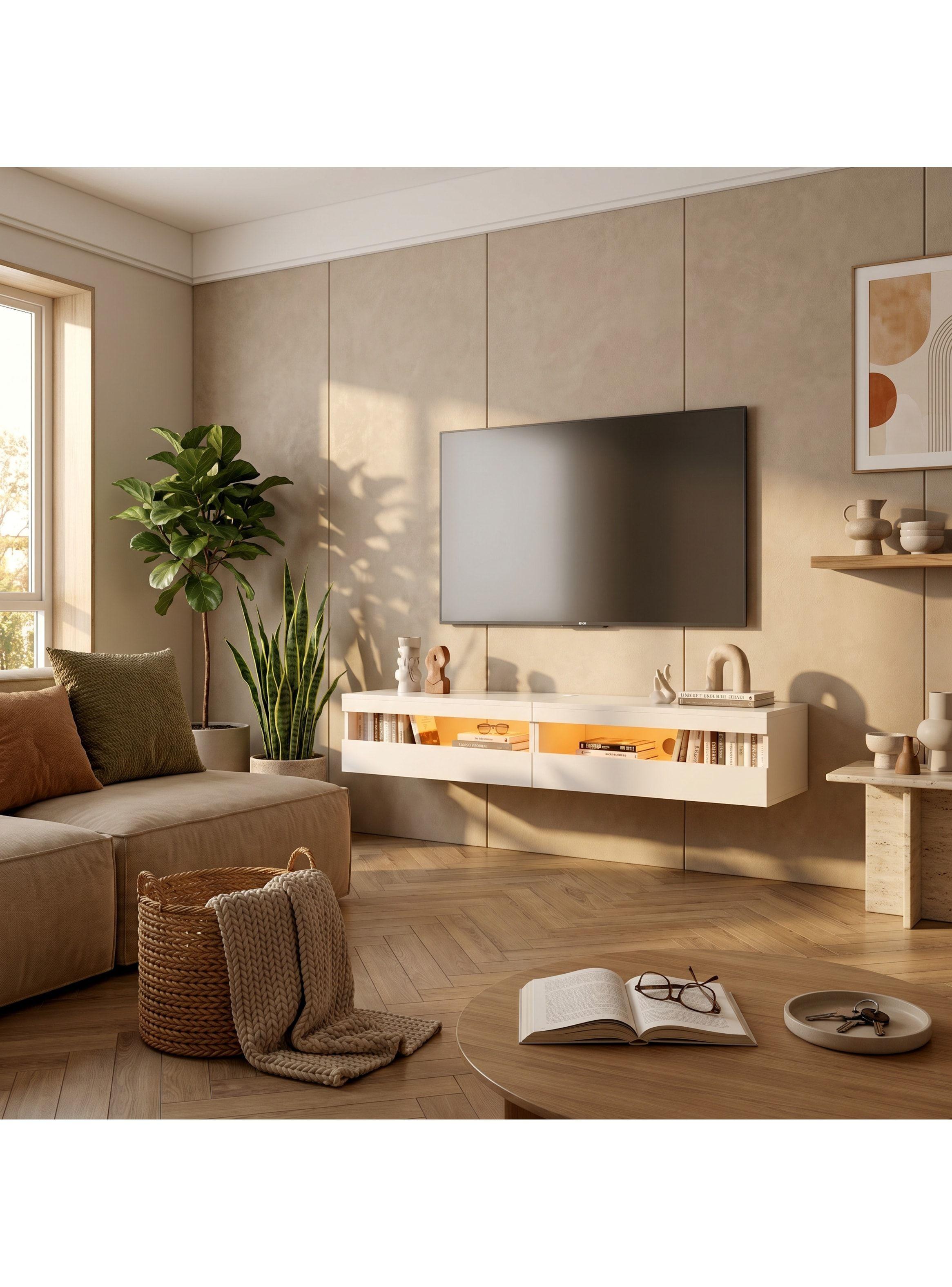 Rack Tv 160x40x30cm Con Luz Variable Melamina Alto Brillo Blanco-1