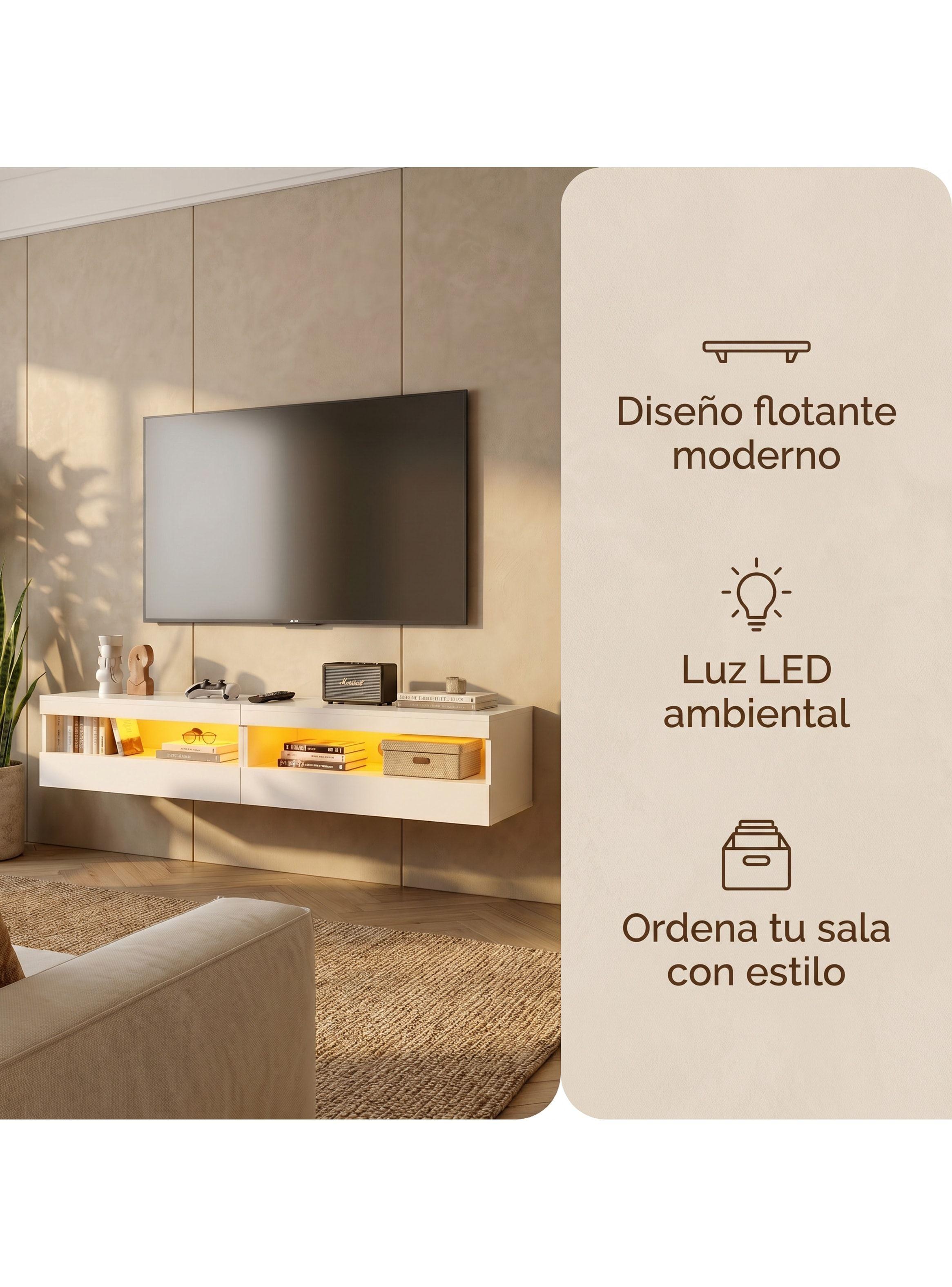 Rack Tv 160x40x30cm Con Luz Variable Melamina Alto Brillo Blanco-2
