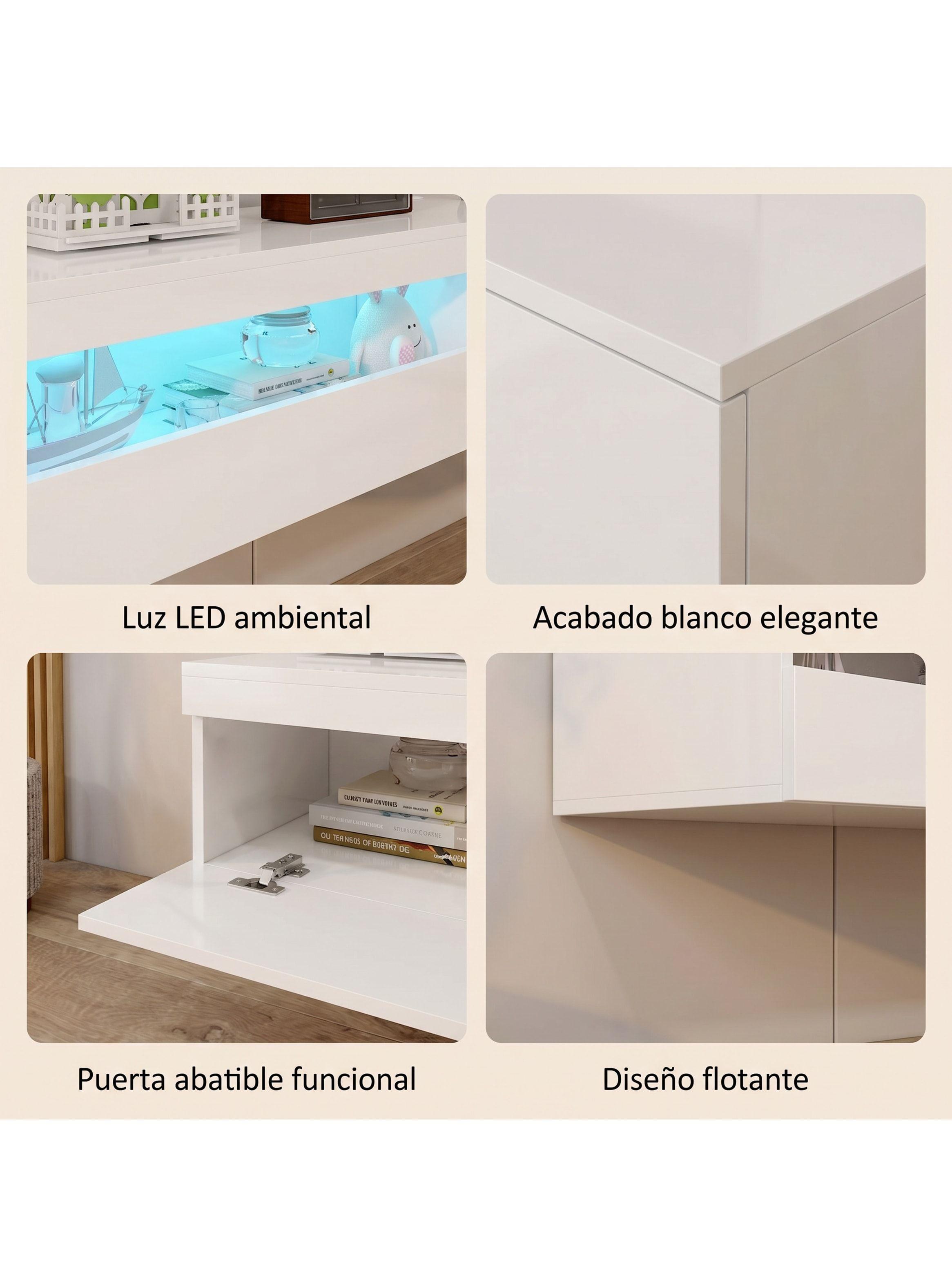 Rack Tv 160x40x30cm Con Luz Variable Melamina Alto Brillo Blanco-4
