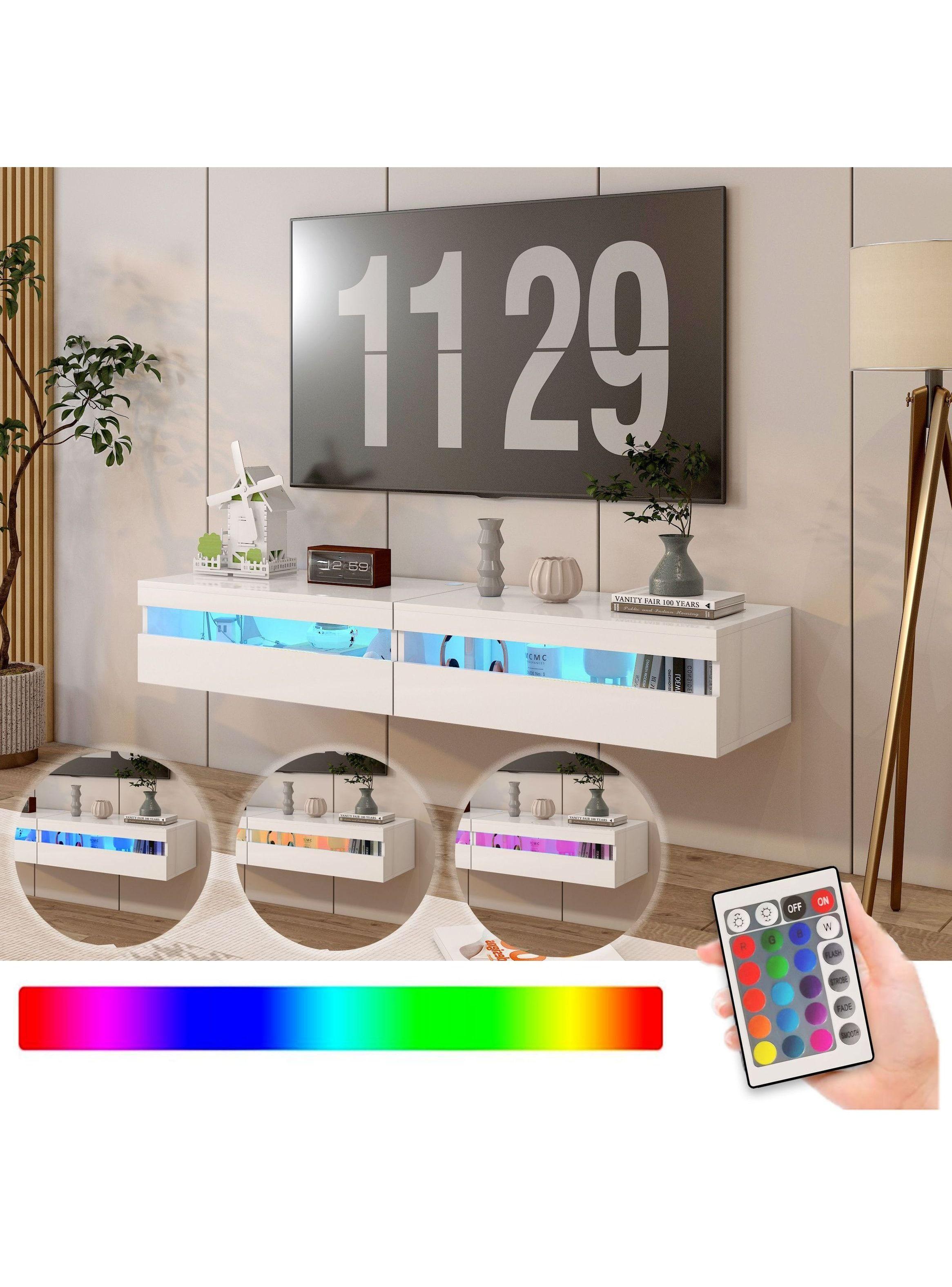 Rack Tv 160x40x30cm Con Luz Variable Melamina Alto Brillo Blanco-5