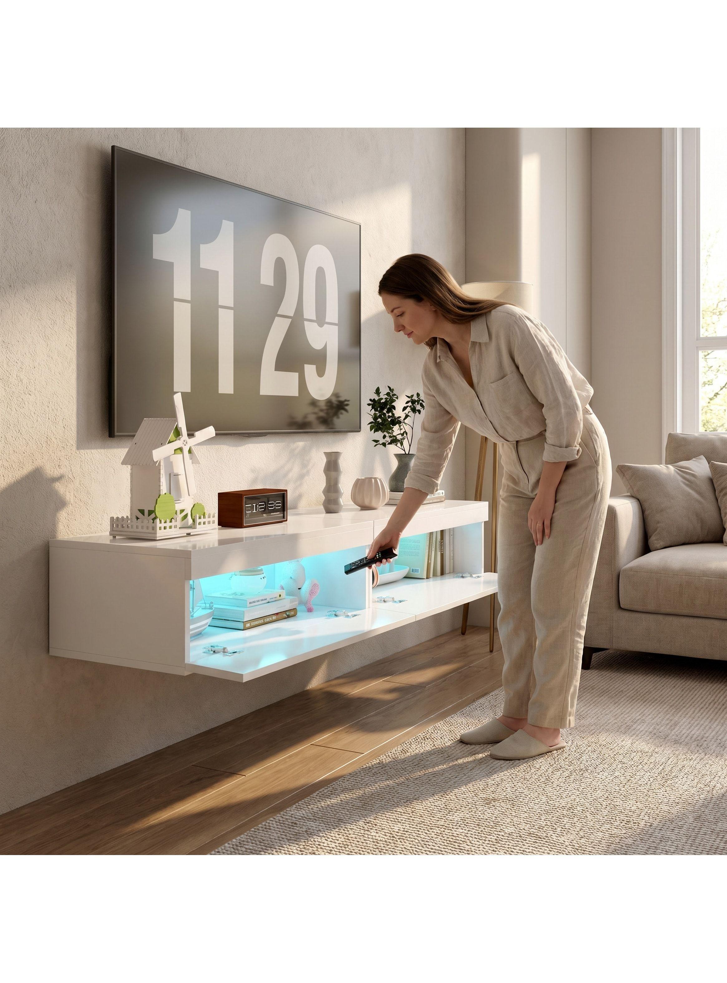 Rack Tv 160x40x30cm Con Luz Variable Melamina Alto Brillo Blanco-6