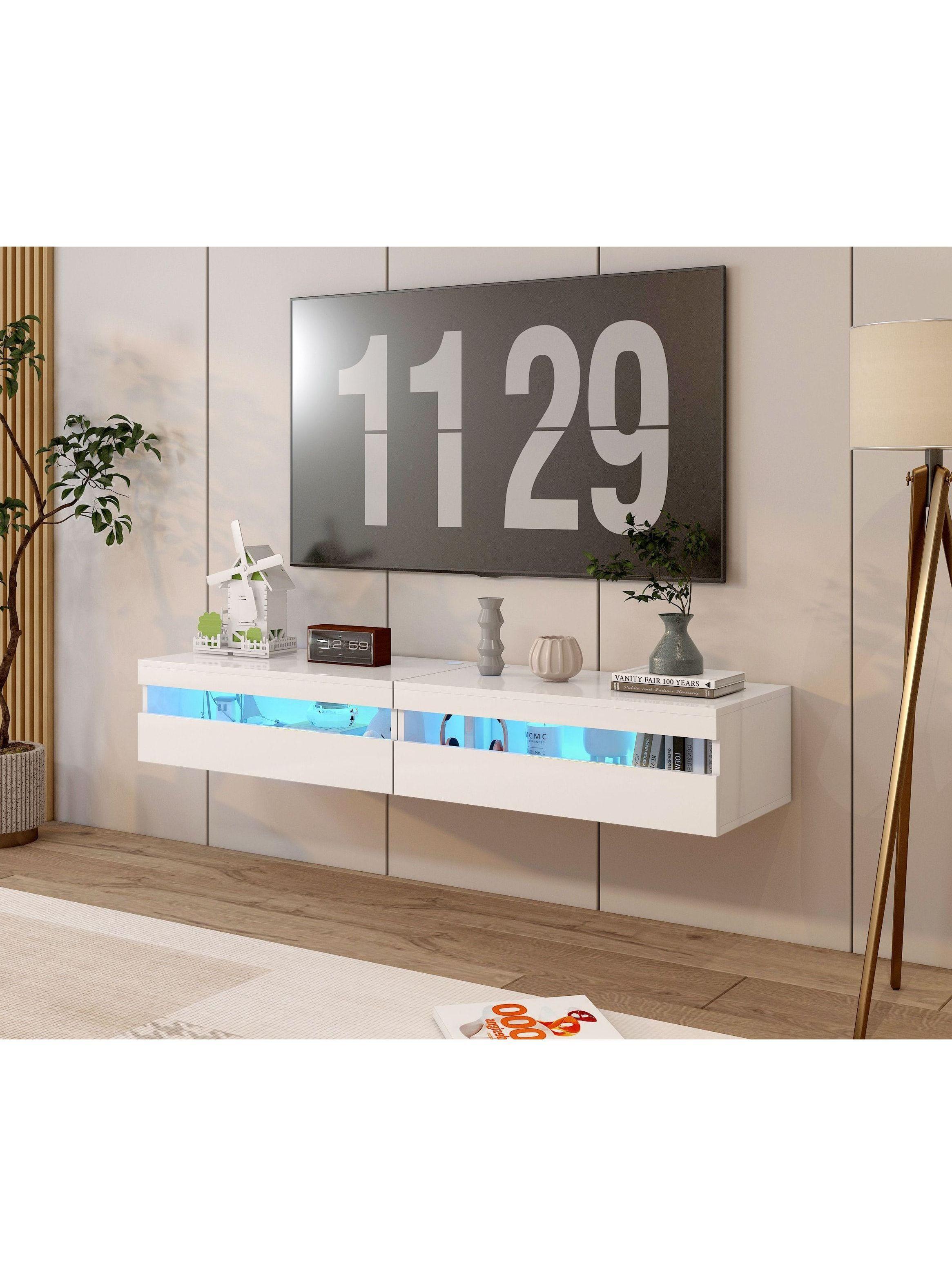 Rack Tv 160x40x30cm Con Luz Variable Melamina Alto Brillo Blanco-7